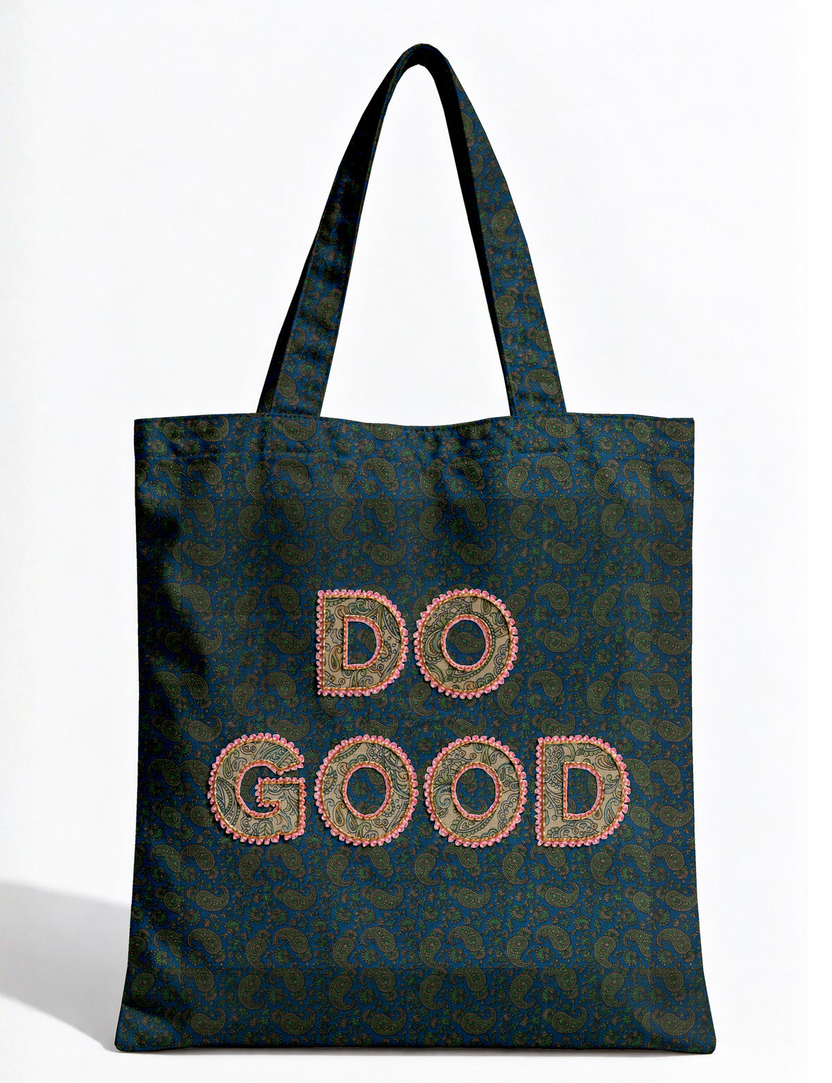 DO GOOD tote bag featuring contrasting sari fabric appliqué lettering, double shoulder straps, soft construction and an internal slip pocket with piping detail.