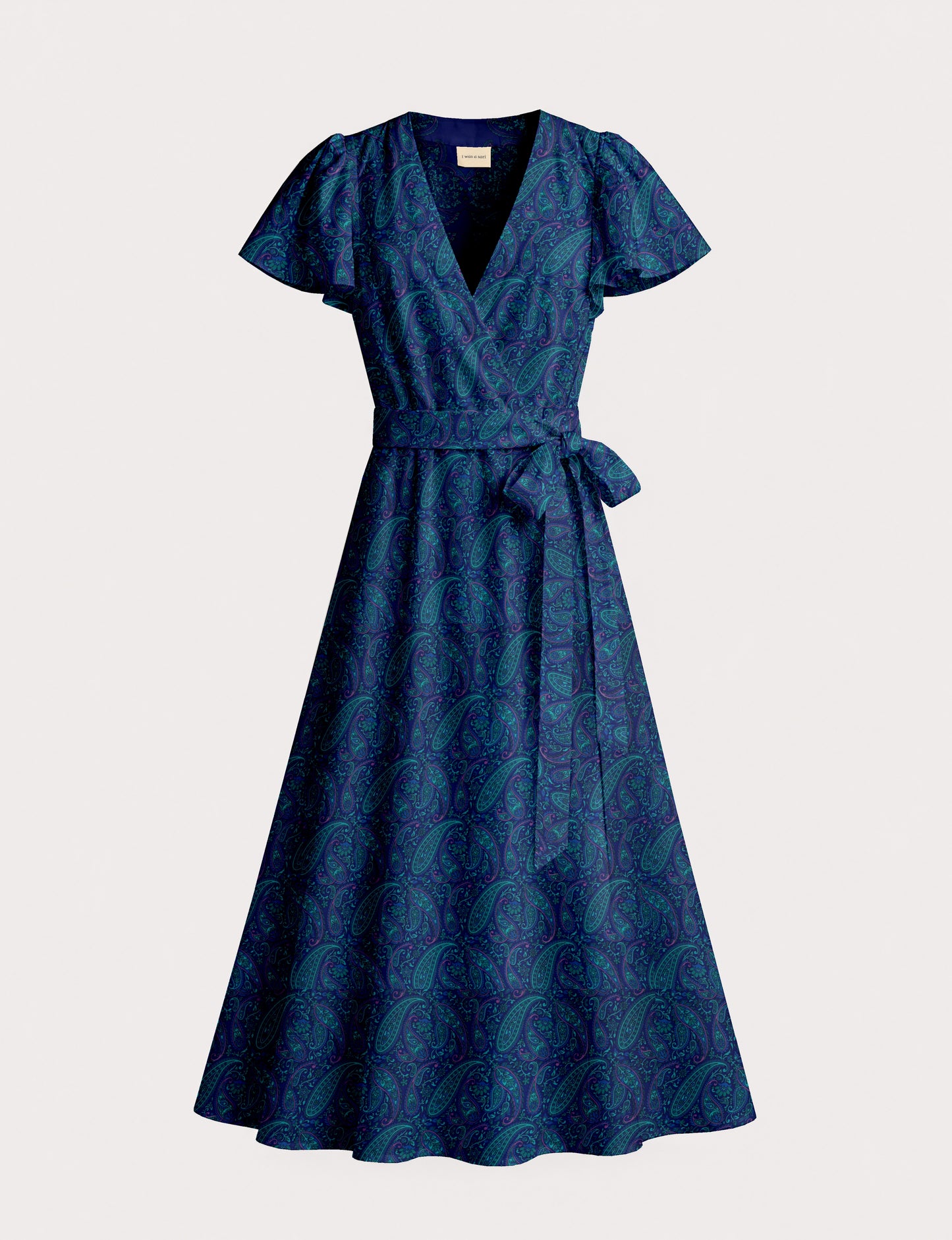 Midi wrap dress with V-neckline, fitted bodice, tie waist, and flared mid-calf skirt