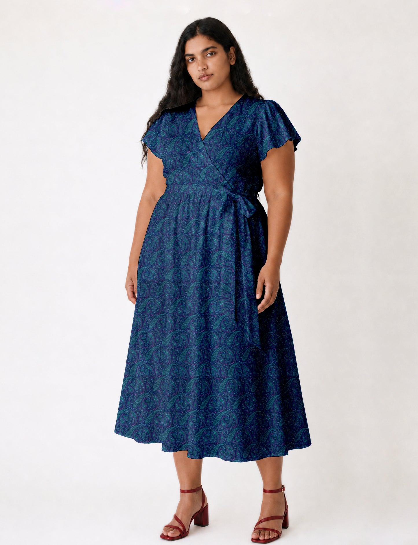 Midi wrap dress with V-neckline, fitted bodice, tie waist, and flared mid-calf skirt