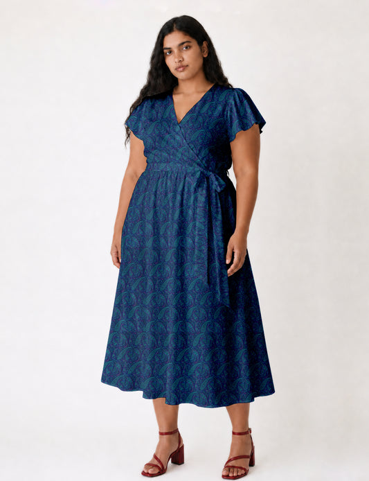 Midi wrap dress with V-neckline, fitted bodice, tie waist, and flared mid-calf skirt