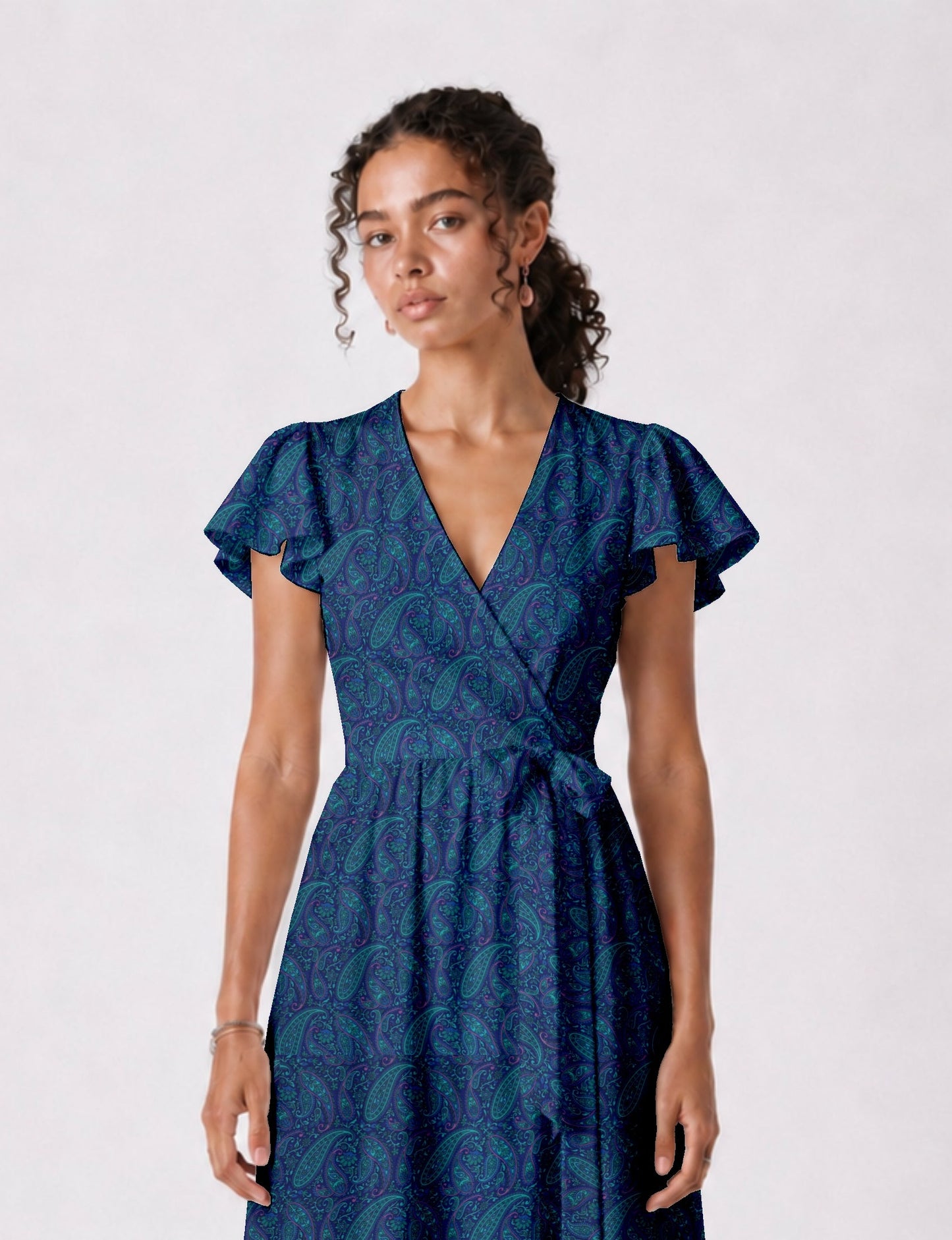 Midi wrap dress with V-neckline, fitted bodice, tie waist, and flared mid-calf skirt