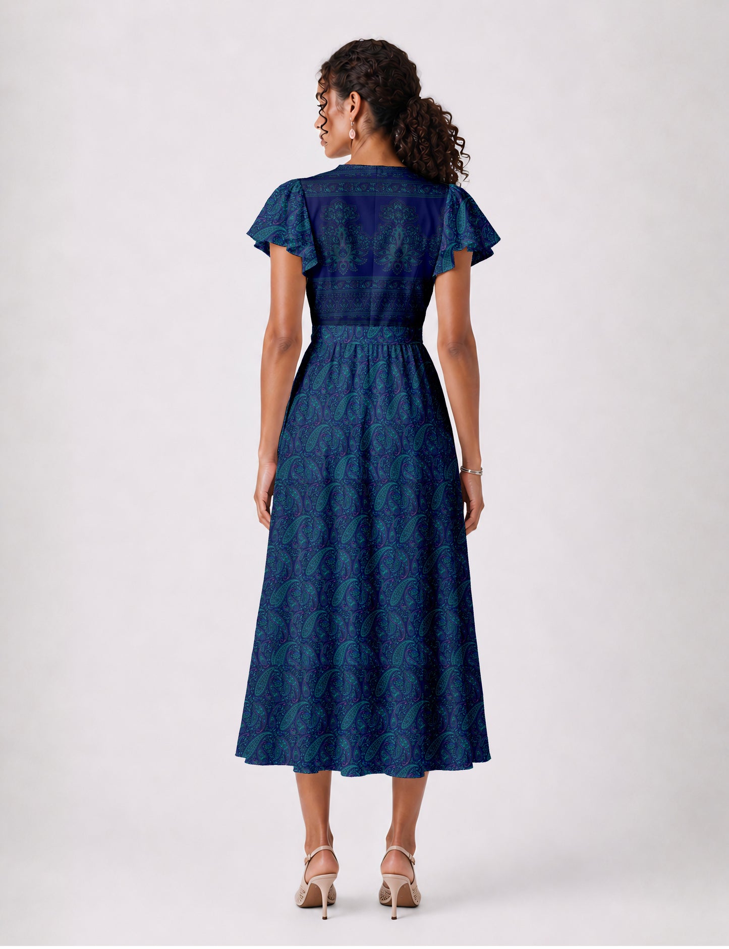 Midi wrap dress with V-neckline, fitted bodice, tie waist, and flared mid-calf skirt