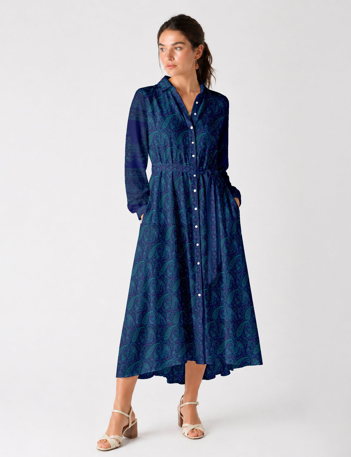 Long shirt dress by I was a Sari with A-line silhouette and tie belt