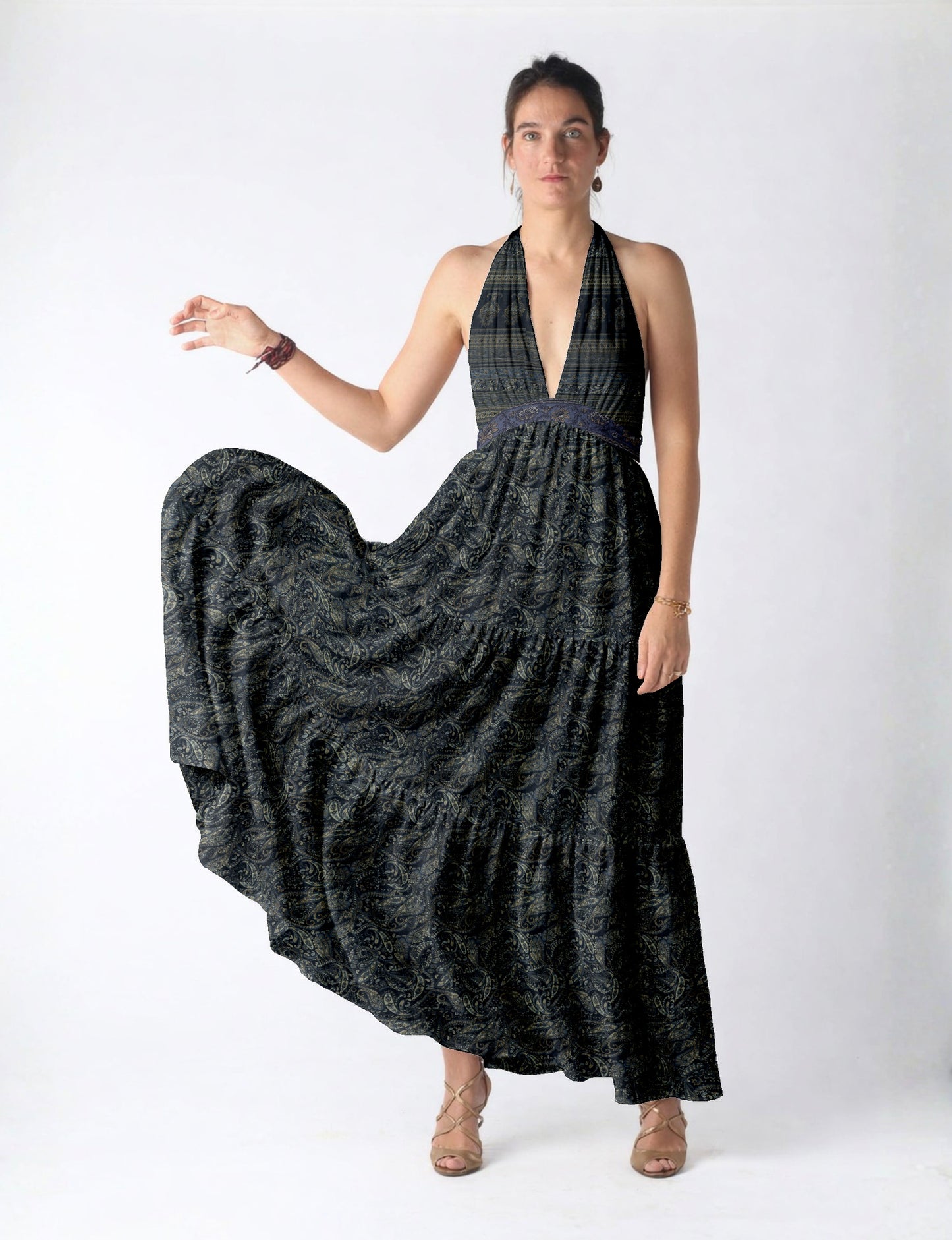 Maxi tiered dress by I was a Sari with halter neckline and flowy silhouette