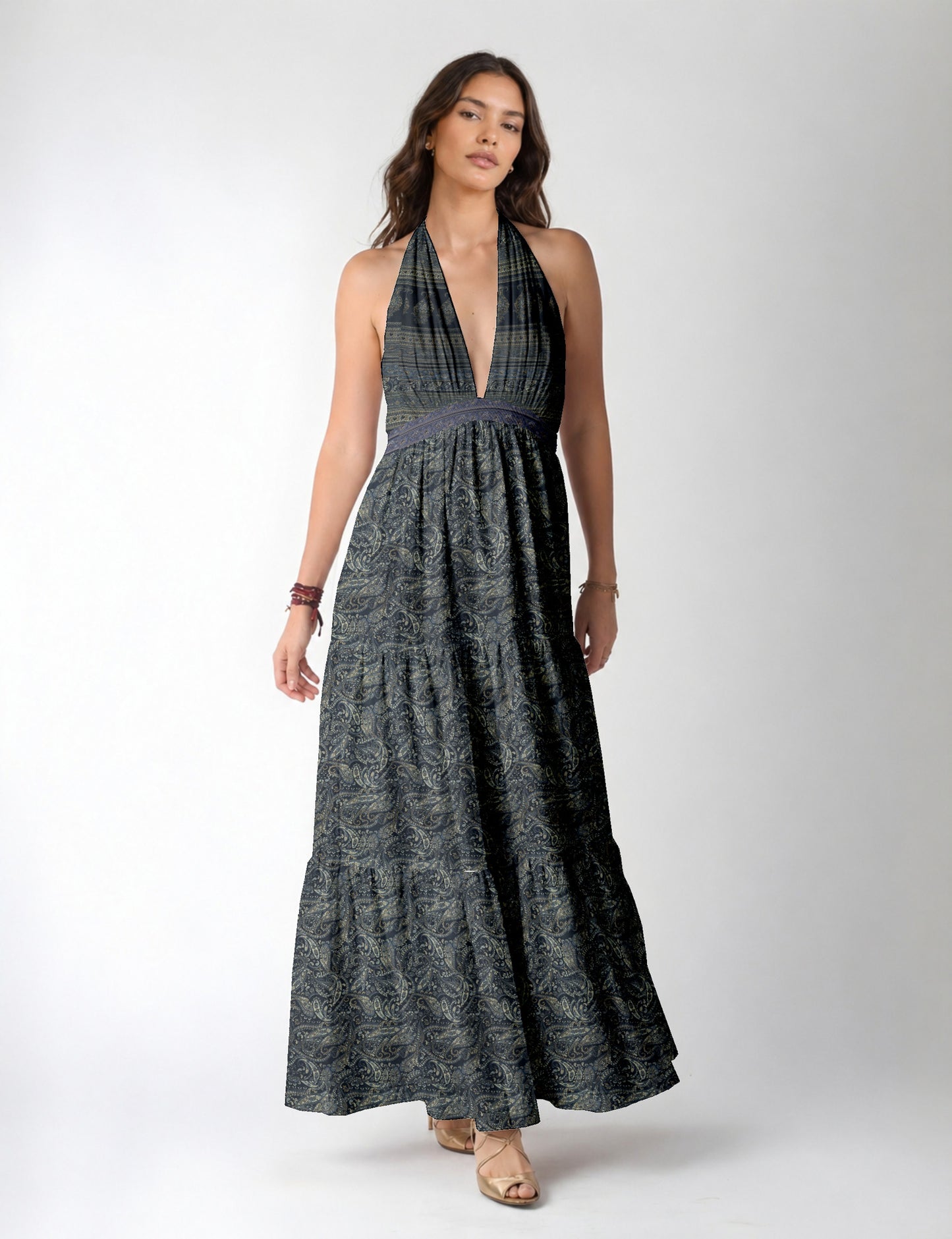 Halter neck maxi dress with tiered layers and elasticated back