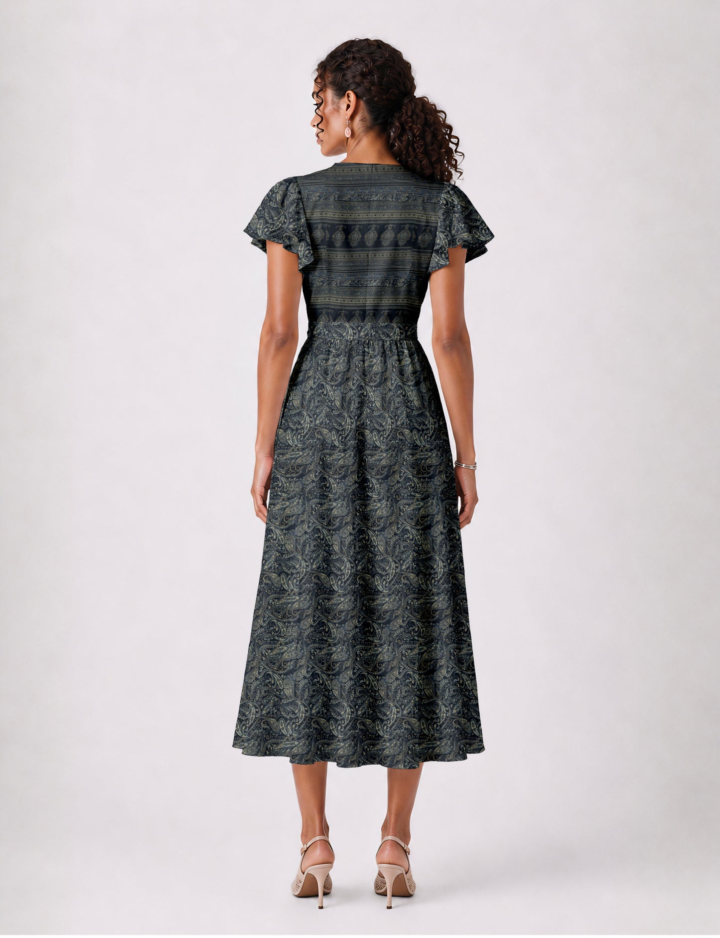 Elegant midi wrap dress with a V-neckline, adjustable waist tie, fitted bodice, and flared skirt for a timeless, flattering silhouette.