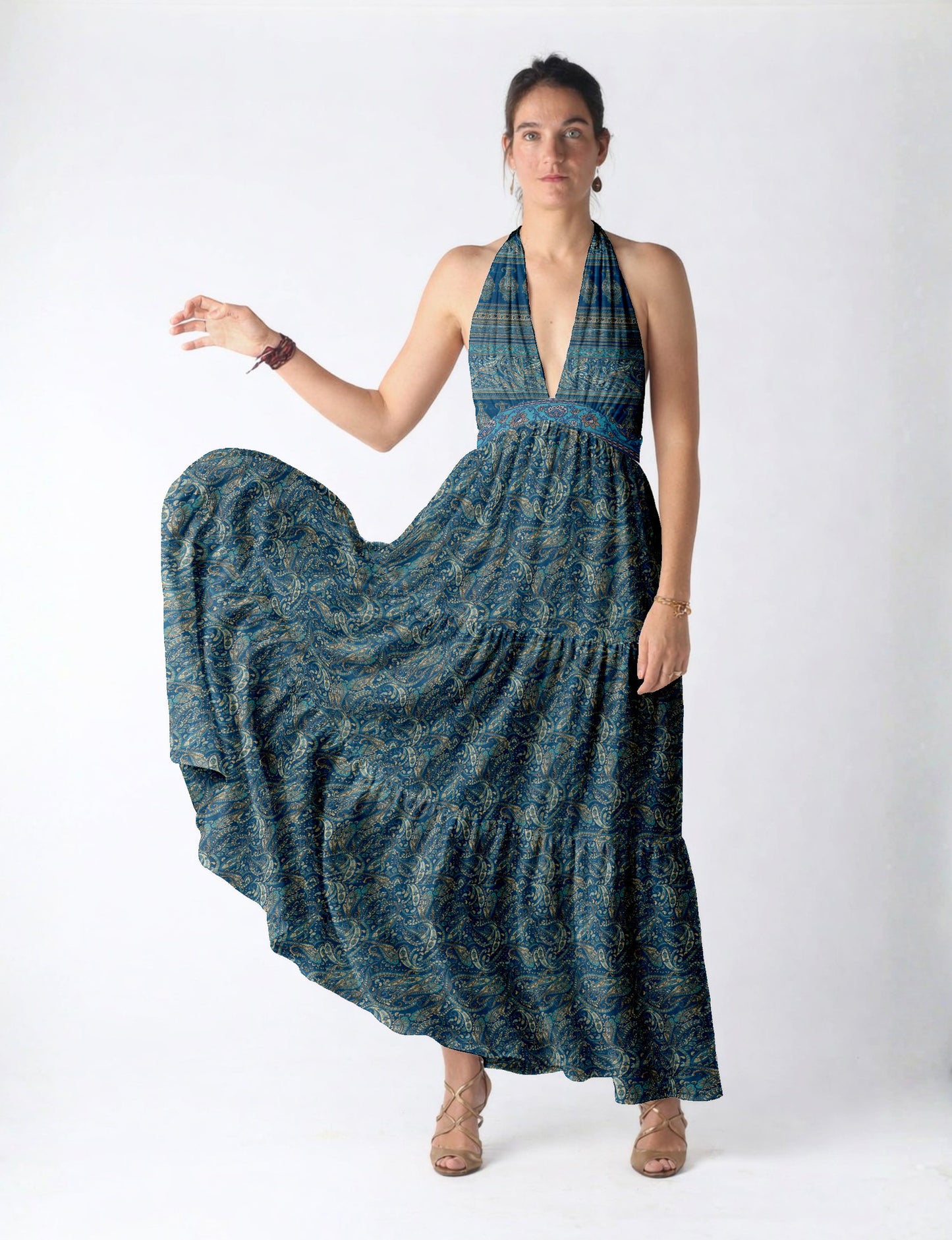 Maxi tiered dress by I was a Sari with halter neckline and flowy silhouette