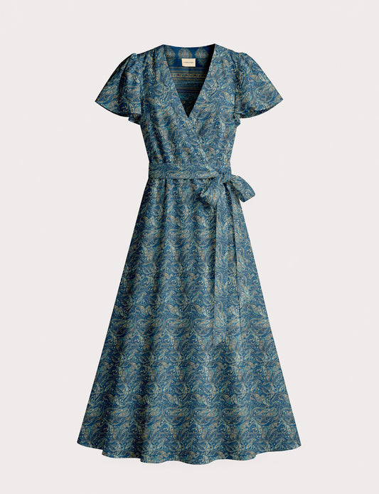 Elegant midi wrap dress with a V-neckline, adjustable waist tie, fitted bodice, and flared skirt for a timeless, flattering silhouette.