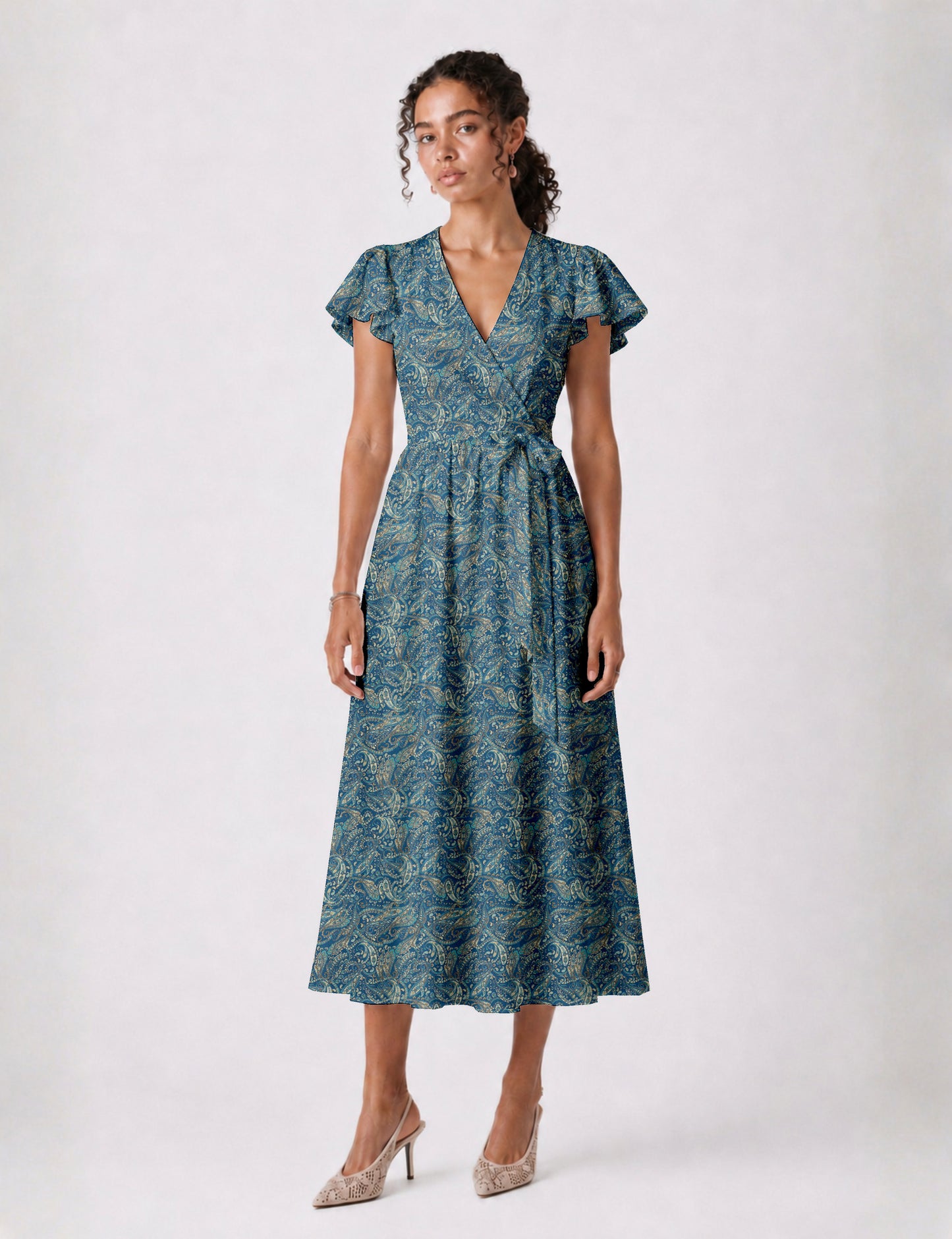 Elegant midi wrap dress with a V-neckline, adjustable waist tie, fitted bodice, and flared skirt for a timeless, flattering silhouette.