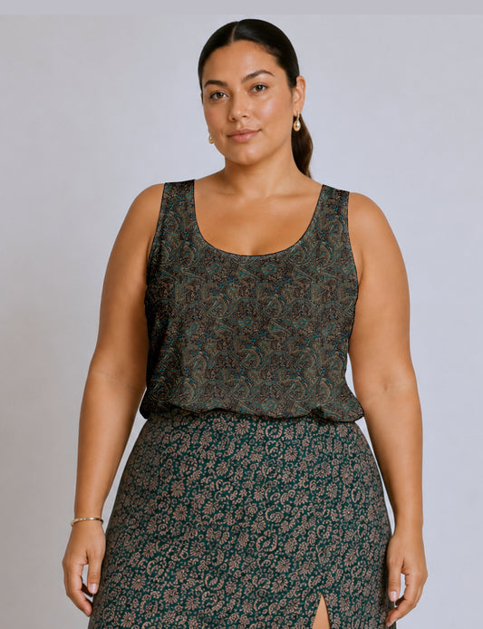 Women's sleeveless blouse with a relaxed straight fit, wide scoop neckline, deep scoop back, and hip-length silhouette.