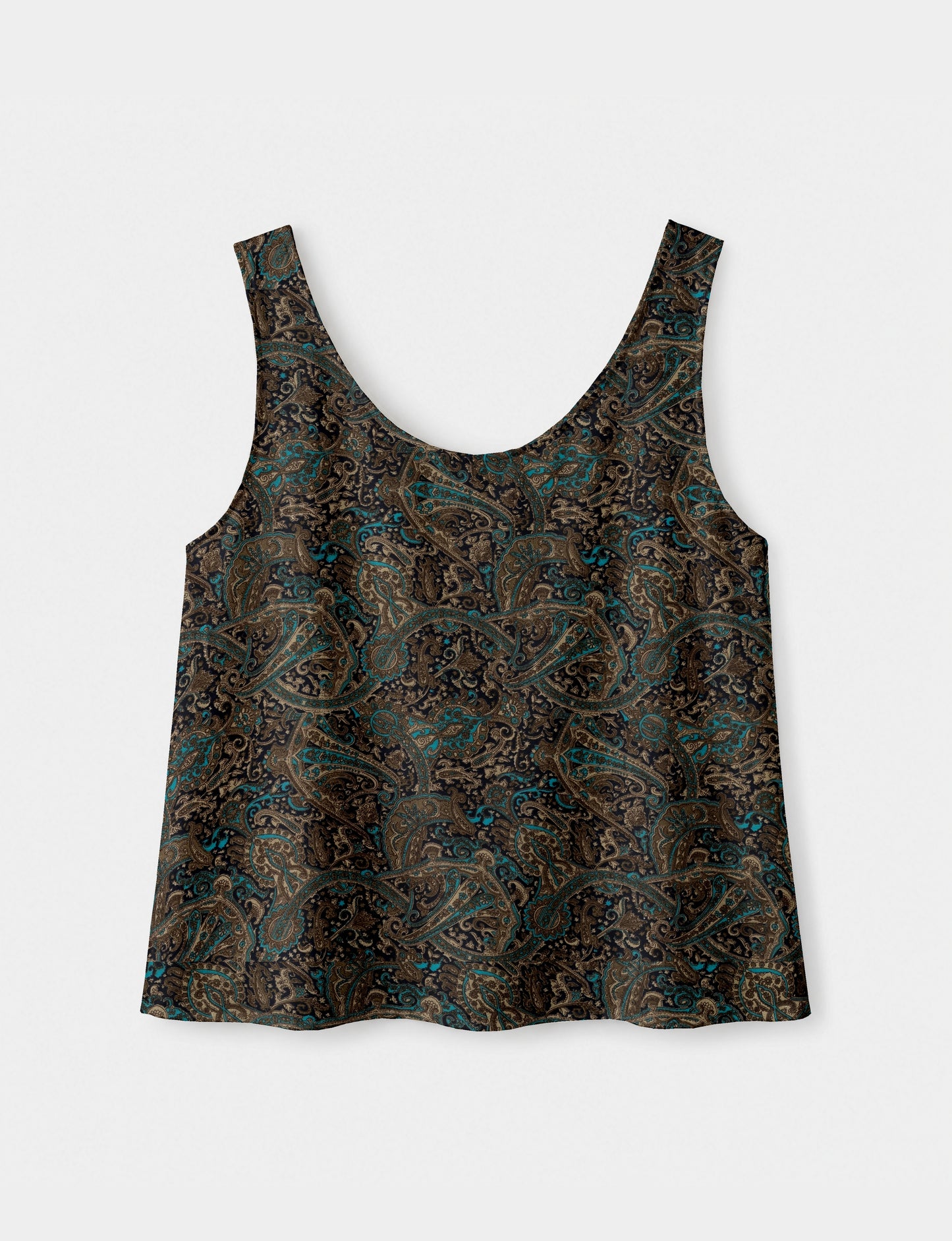 Women's sleeveless blouse with a relaxed straight fit, wide scoop neckline, deep scoop back, and hip-length silhouette.