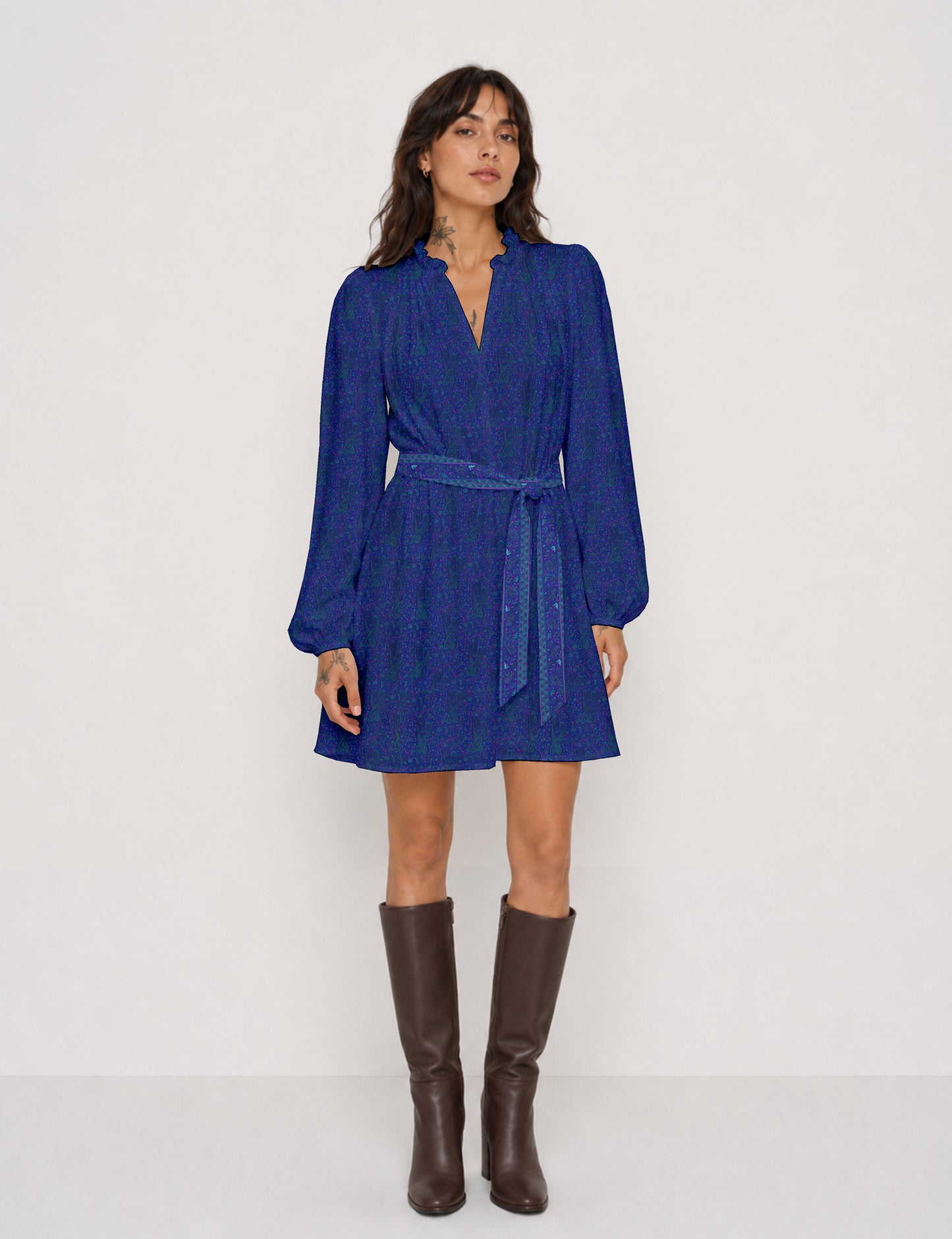 Swing dress with belt - Blue Paisley