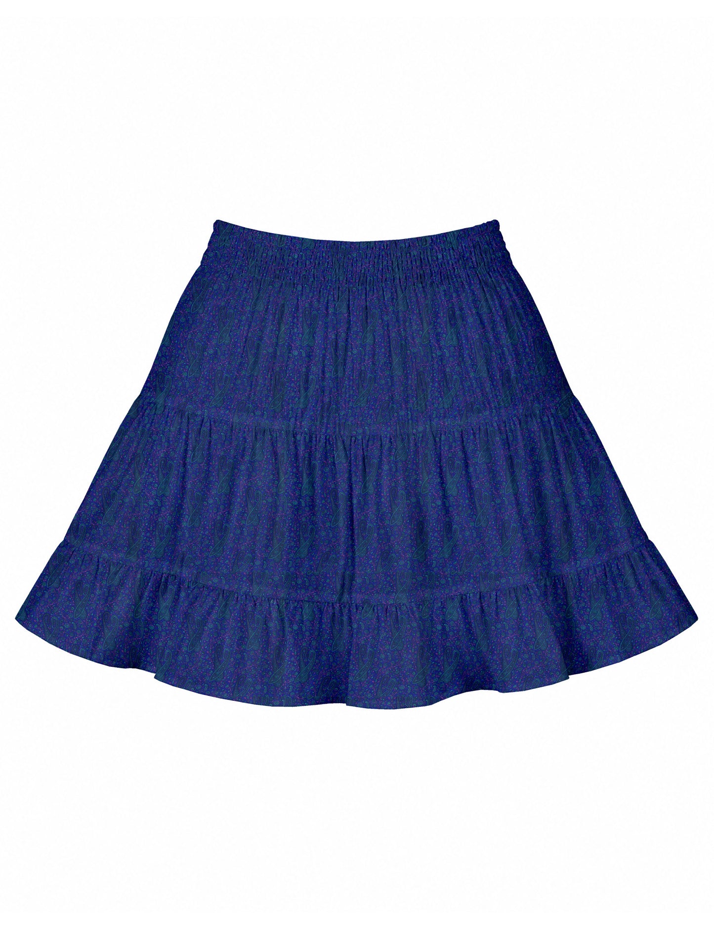 Short tiered skirt with a fitted waistband, knife pleats, softly flared silhouette, side seam pockets, and above-the-knee length.