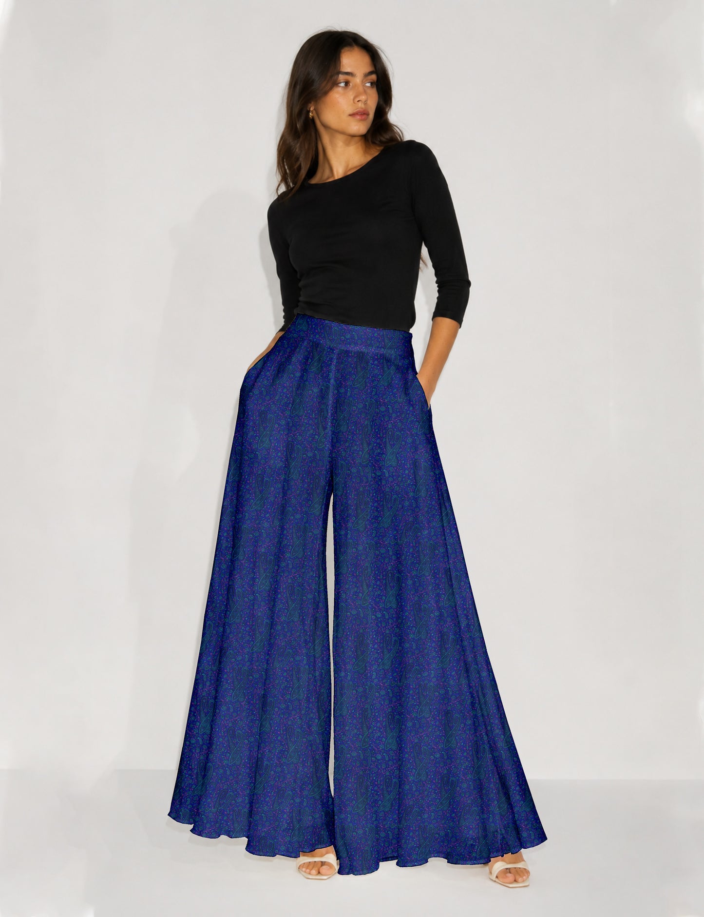 Wide Leg Palazzo Trousers - Blue Paisley