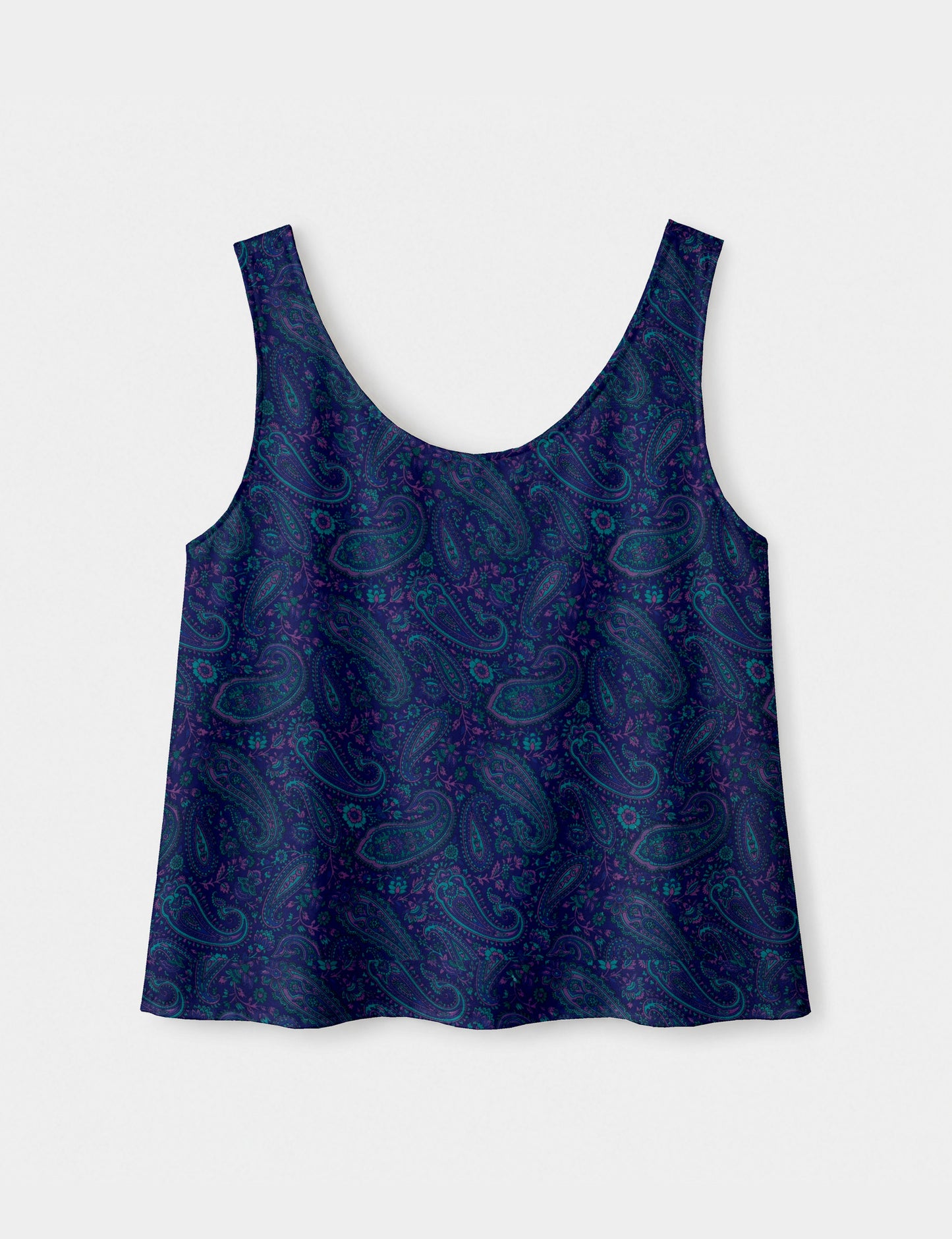 Women's sleeveless blouse with a relaxed straight fit, wide scoop neckline, deep scoop back, and hip-length silhouette.
