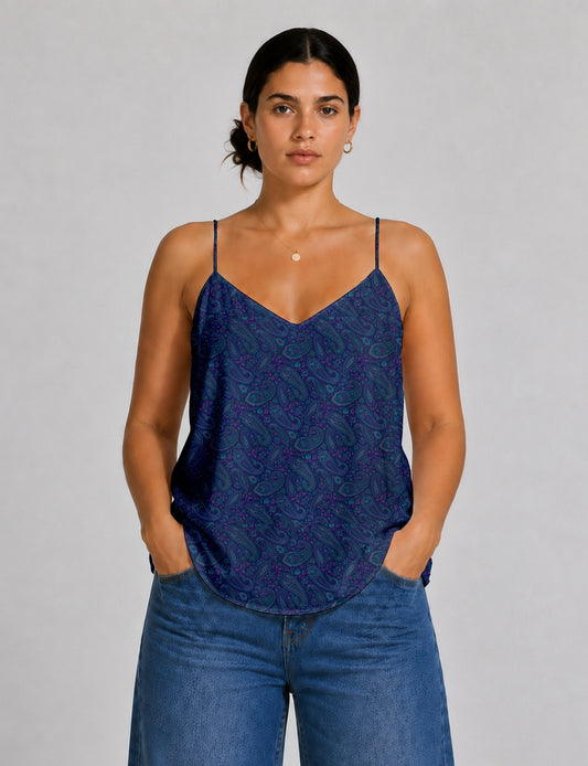 Women's sleeveless slip top with a relaxed straight fit, soft V-neckline, deep V-back, and delicate spaghetti straps.