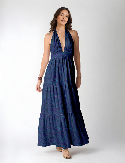 Maxi tiered dress by I was a Sari with halter neckline and flowy silhouette