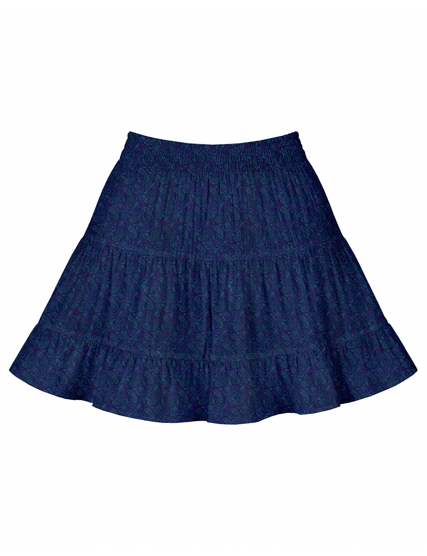 Short tiered skirt with a fitted waistband, knife pleats, softly flared silhouette, side seam pockets, and above-the-knee length.