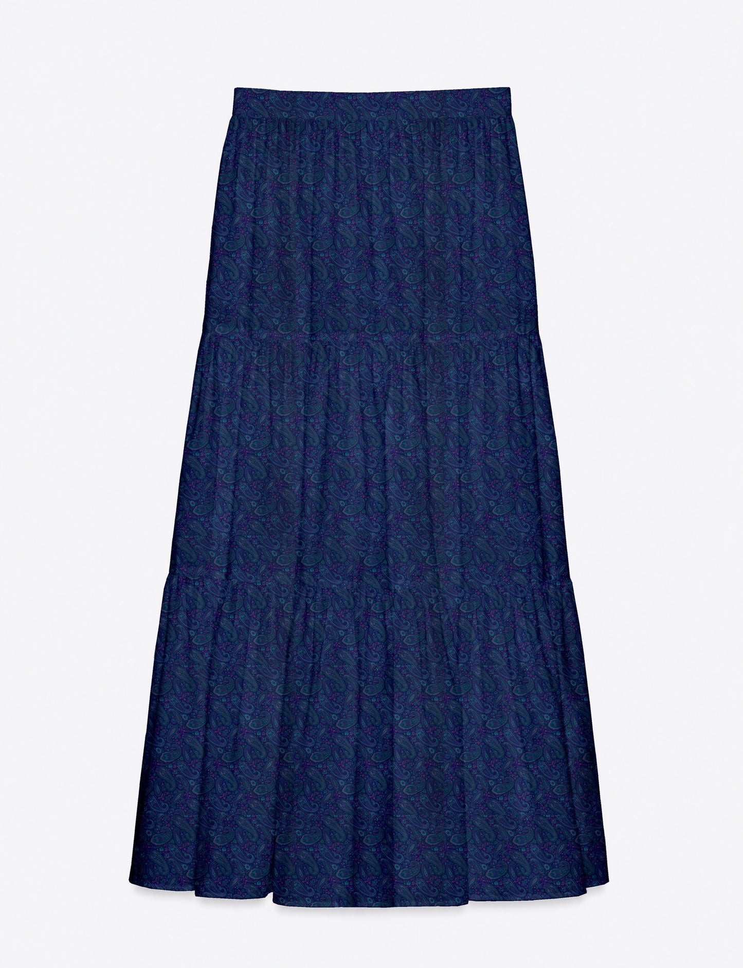 Yellow midi tiered skirt with small dark geometric micro pattern, flat lay front view