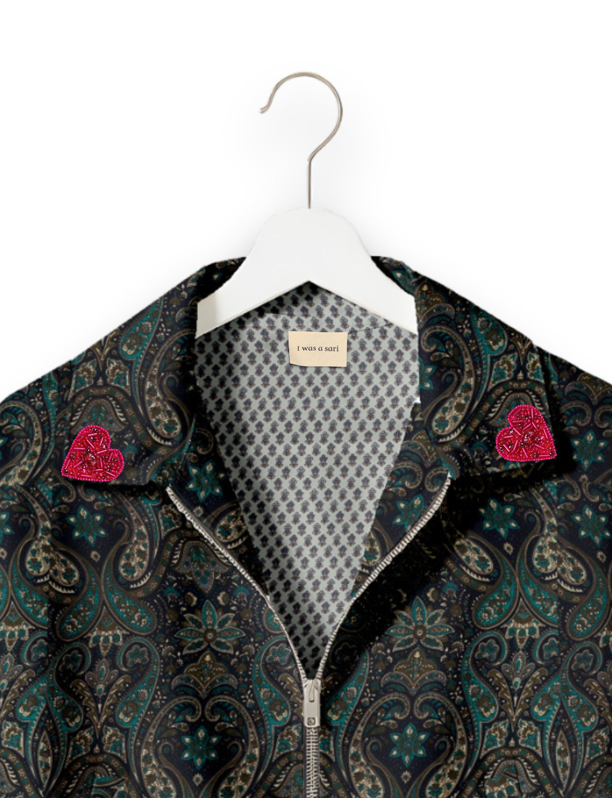 Love Bomber Jacket made from recycled fabric, featuring hand-stitched Aari embroidery. A unique piece of zero-waste clothing, part of the circular fashion movement. Designed with upcycled materials for a stylish yet environmentally friendly clothing choice.
