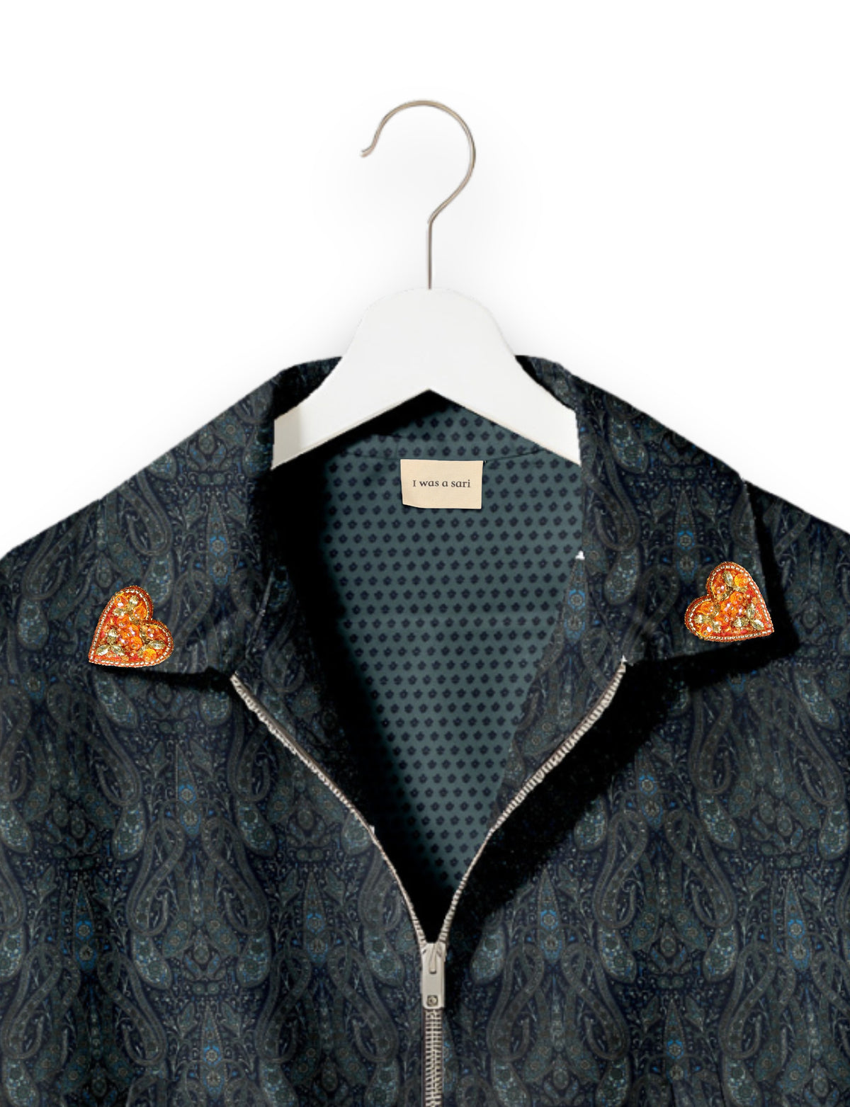 Love Bomber Jacket made from recycled fabric, featuring hand-stitched Aari embroidery. A unique piece of zero-waste clothing, part of the circular fashion movement. Designed with upcycled materials for a stylish yet environmentally friendly clothing choice.