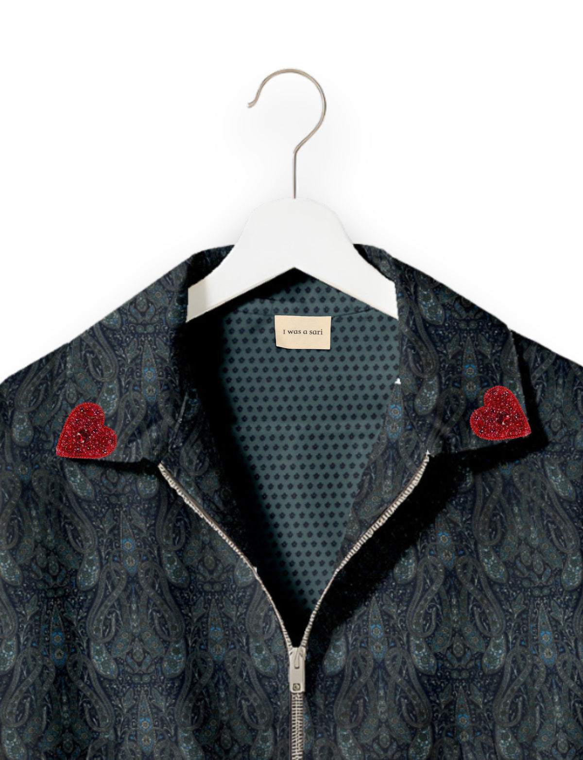 Love Bomber Jacket made from recycled fabric, featuring hand-stitched Aari embroidery. A unique piece of zero-waste clothing, part of the circular fashion movement. Designed with upcycled materials for a stylish yet environmentally friendly clothing choice.