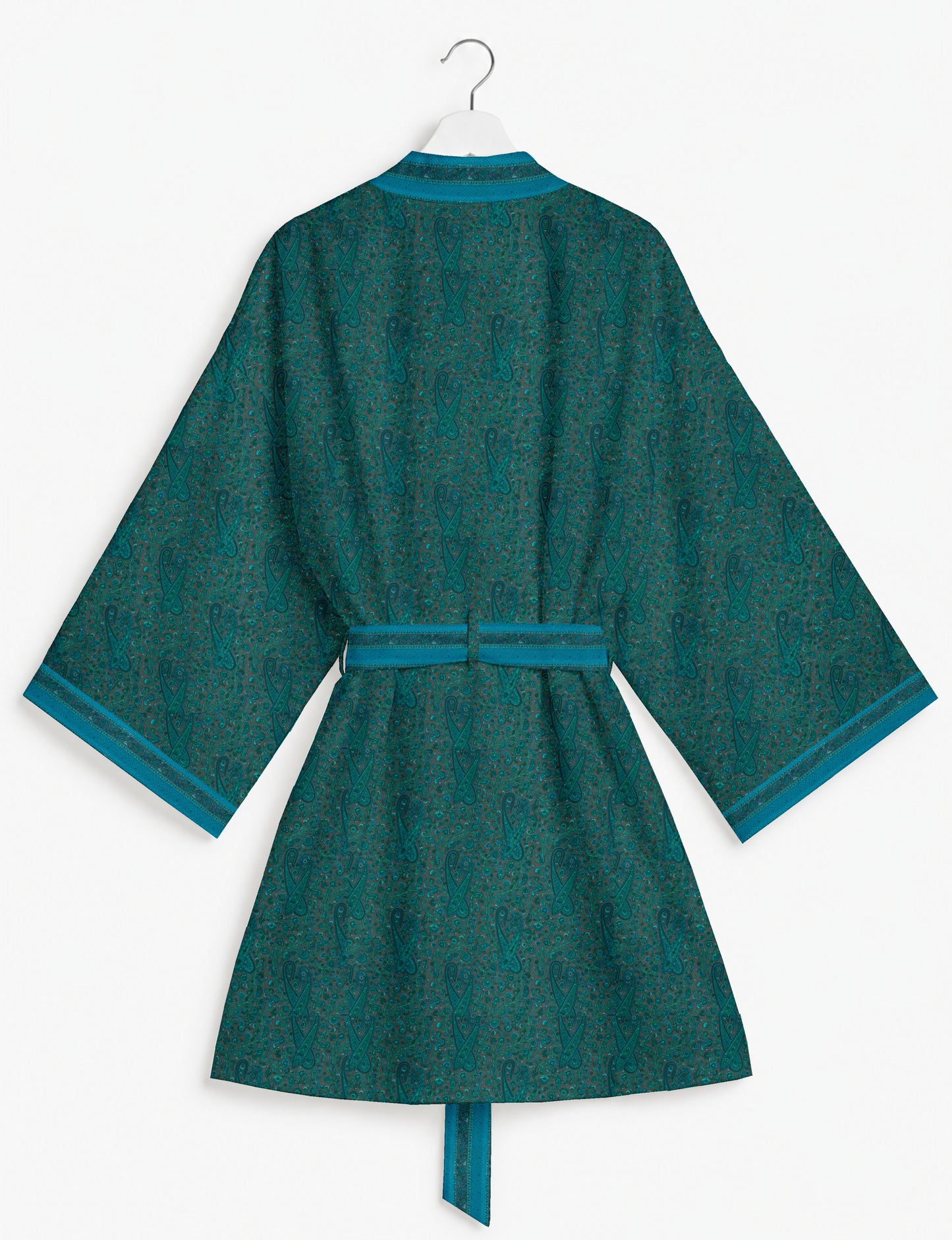 Short kimono robe with wrap front, V-neckline, wide sleeves, waist tie, and concealed skort detail.
