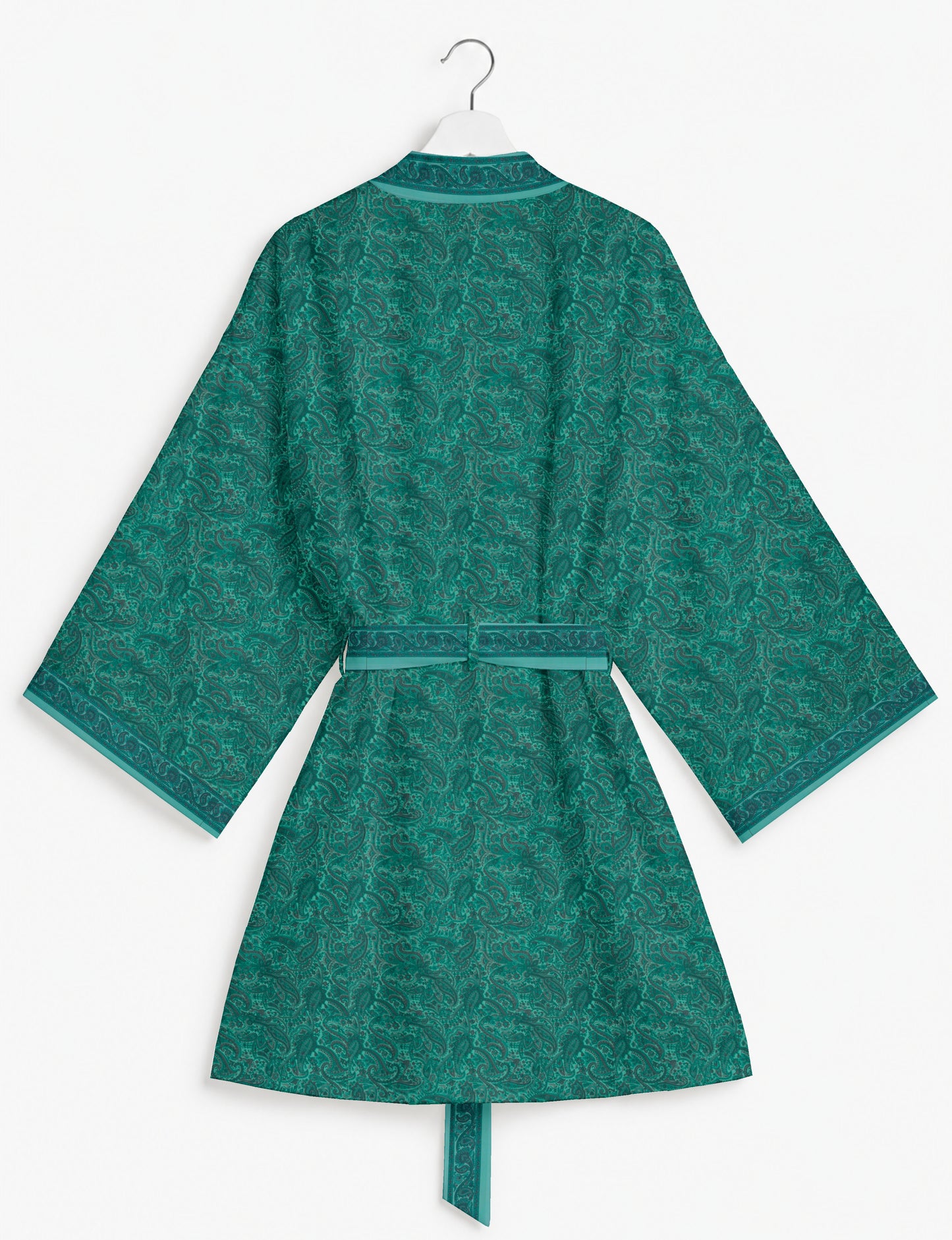 Short kimono robe with wrap front, V-neckline, wide sleeves, waist tie, and concealed skort detail.