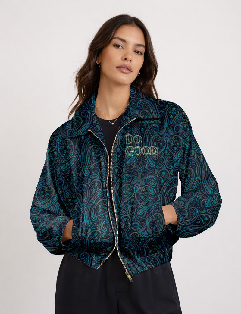 Green cropped bomber jacket with DO GOOD hand embroidery on the left chest and contrasting inner.