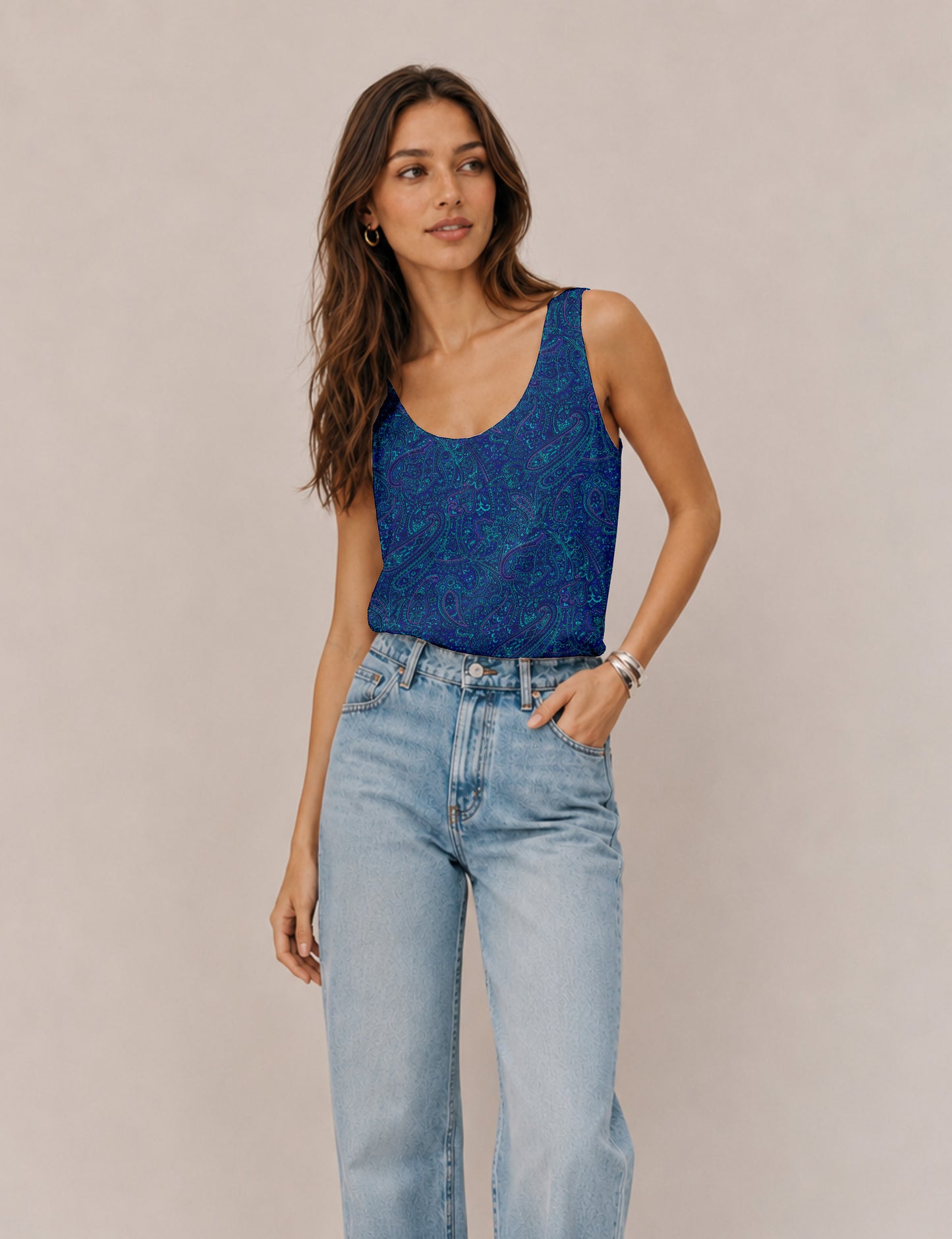 Women's sleeveless blouse with a relaxed straight fit, wide scoop neckline, deep scoop back, and hip-length silhouette.