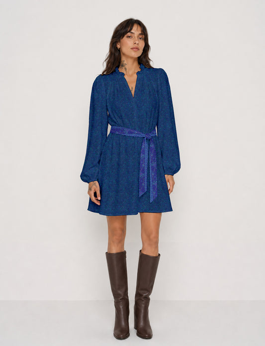 Swing dress with belt - Blue Paisley