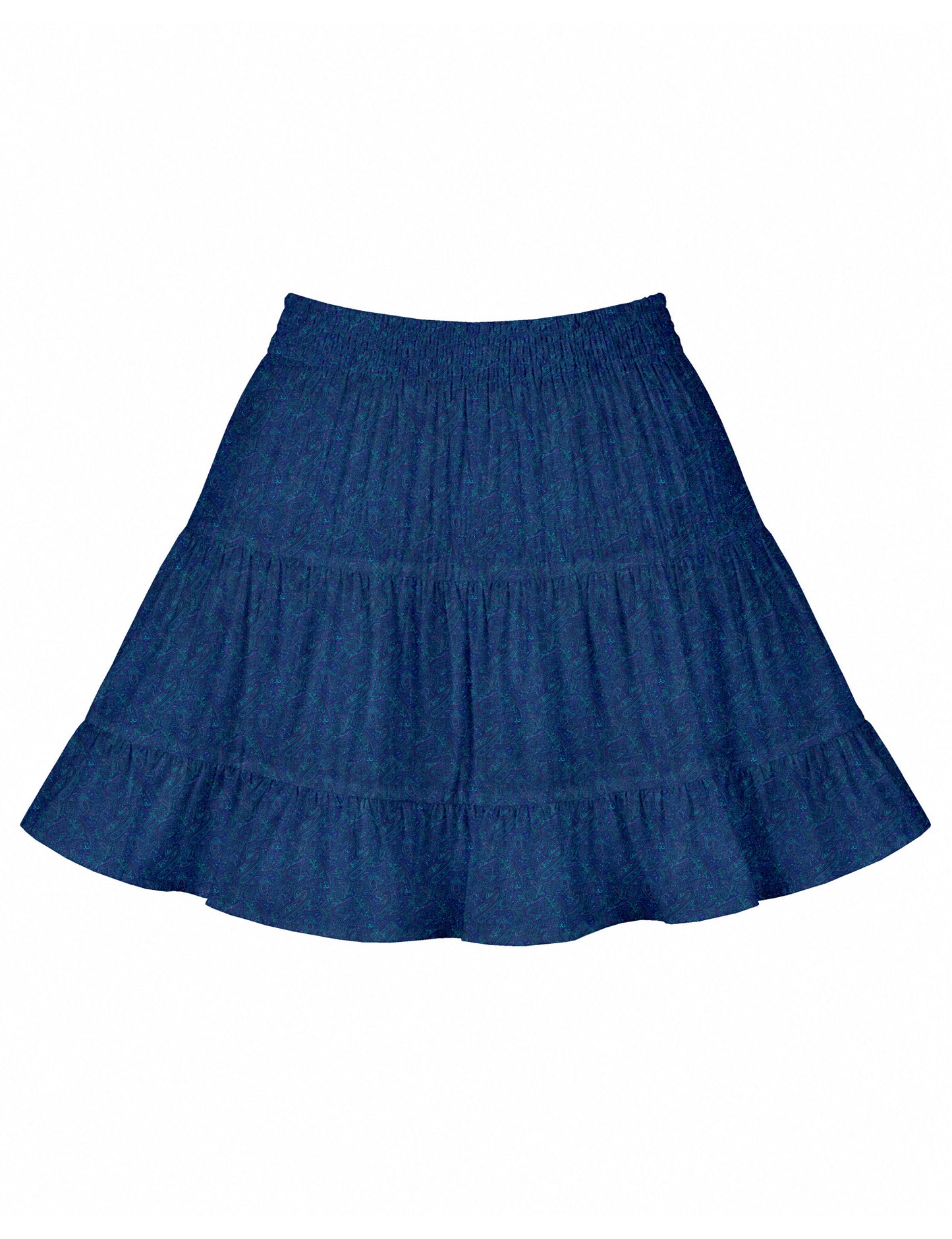 Short tiered skirt with a fitted waistband, knife pleats, softly flared silhouette, side seam pockets, and above-the-knee length.