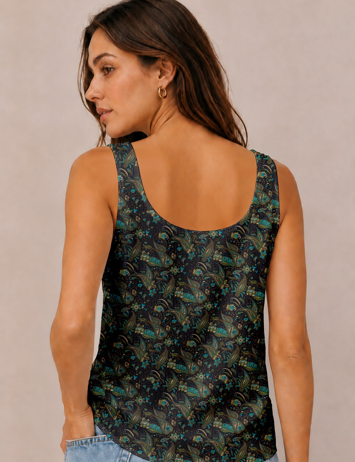 Women's sleeveless blouse with a relaxed straight fit, wide scoop neckline, deep scoop back, and hip-length silhouette.