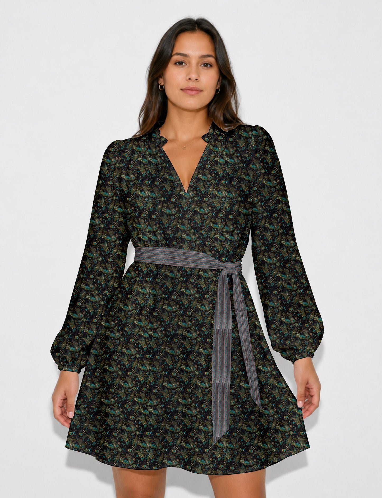 Swing dress with belt - Blue Paisley