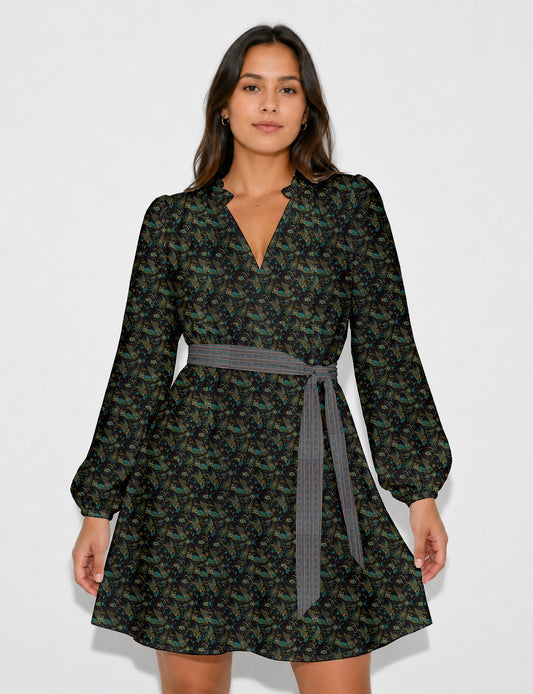 Swing dress with belt - Blue Paisley