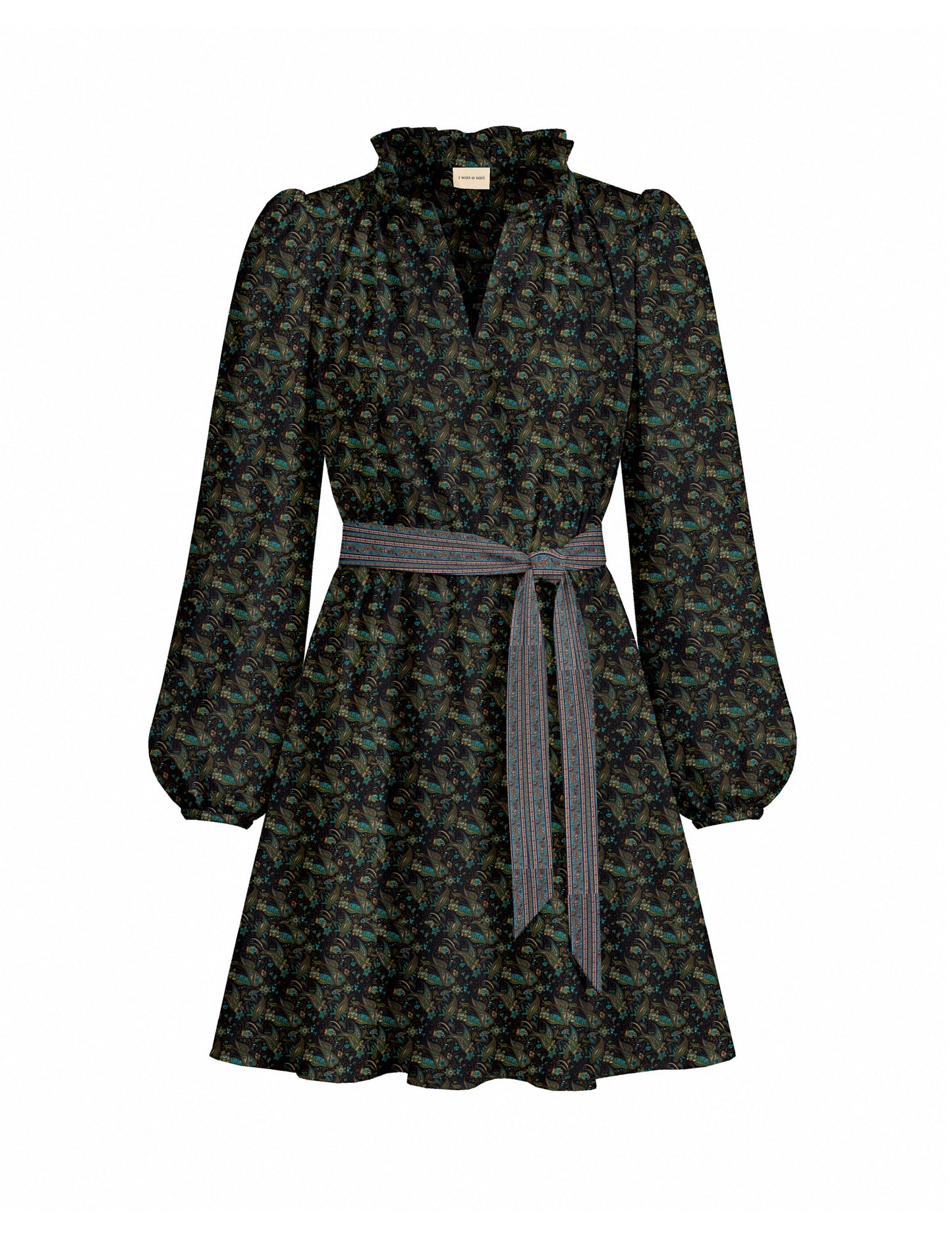 Swing dress with belt - Blue Paisley