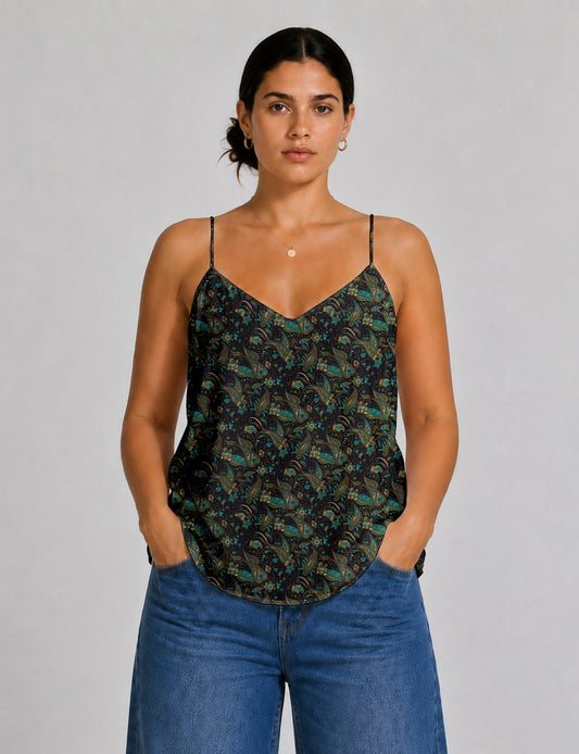 Women's sleeveless slip top with a relaxed straight fit, soft V-neckline, deep V-back, and delicate spaghetti straps.