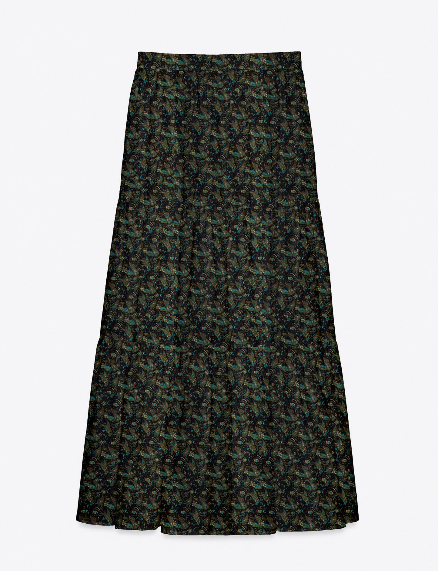 Woman wearing a yellow midi tiered skirt with a small geometric pattern, shown from the back, paired with beige top and