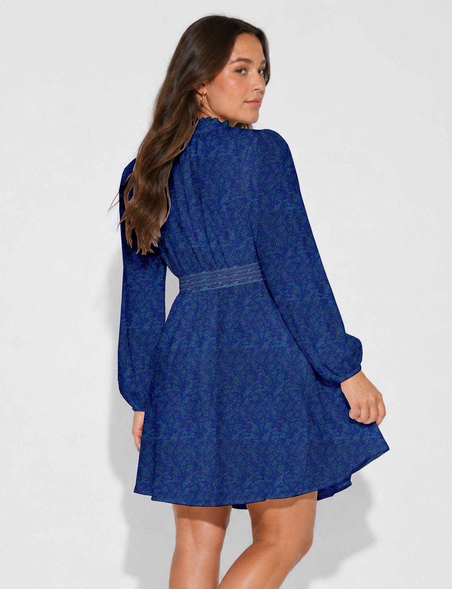 Swing dress with belt - Blue Paisley