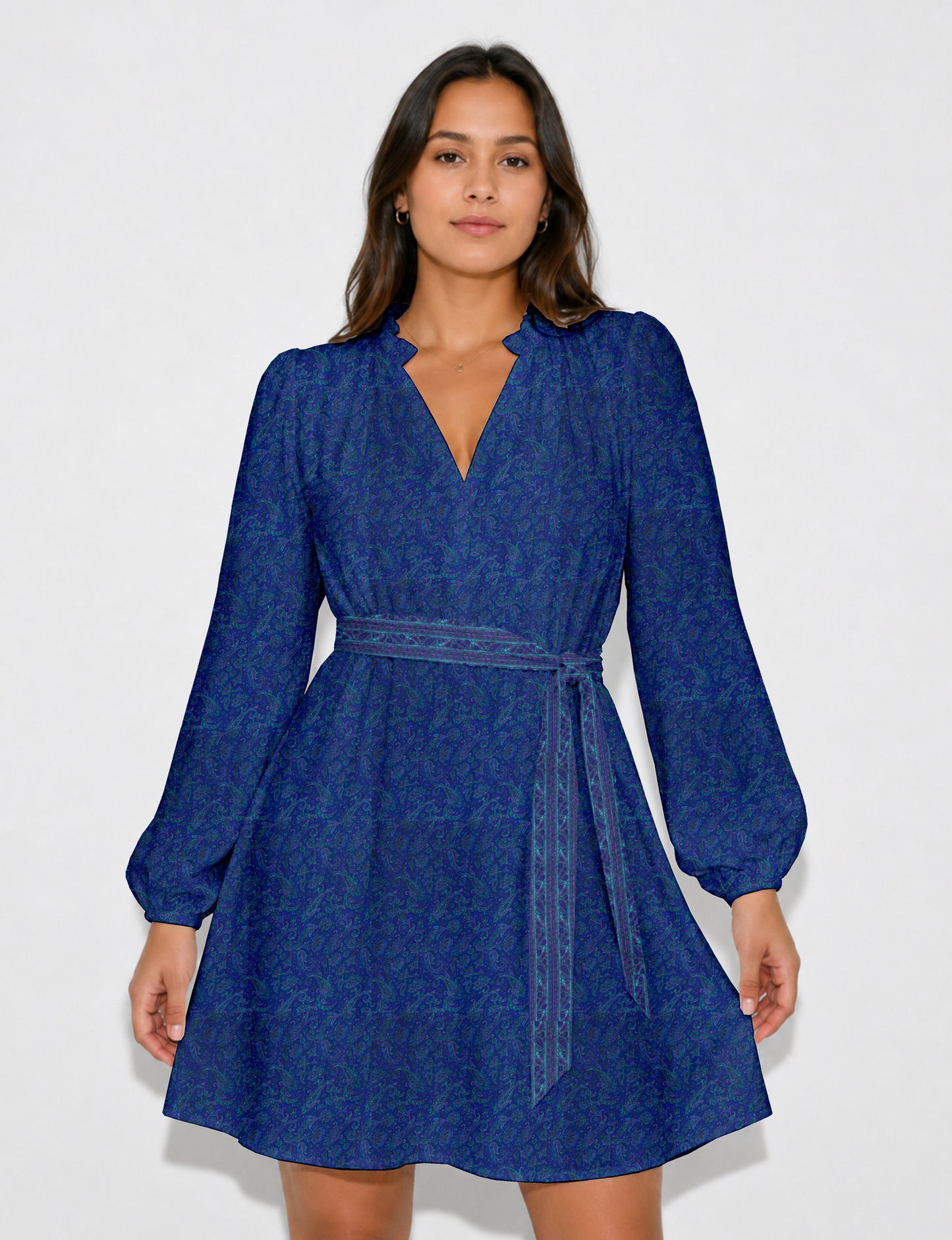 Swing dress with belt - Blue Paisley