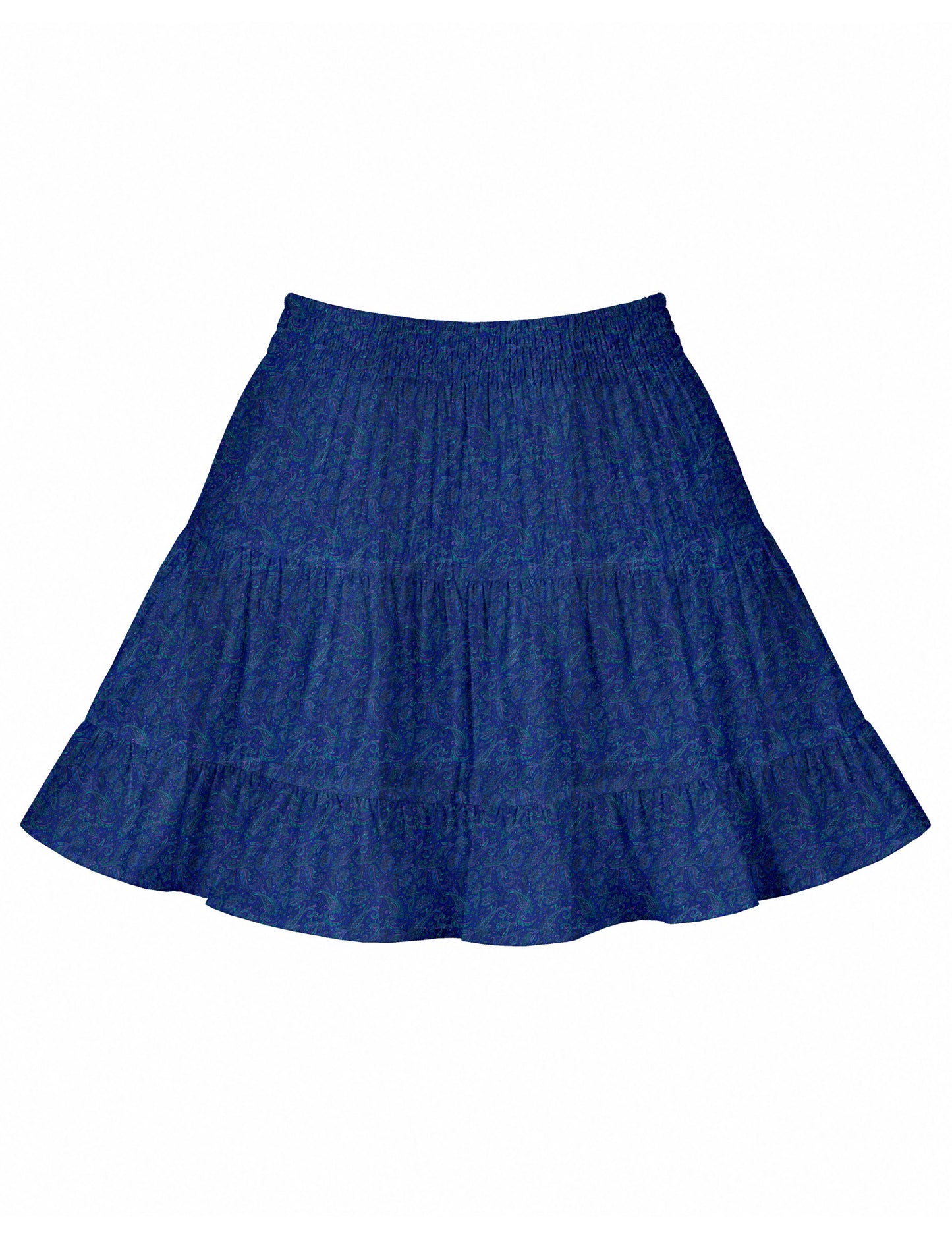 Short tiered skirt with a fitted waistband, knife pleats, softly flared silhouette, side seam pockets, and above-the-knee length.