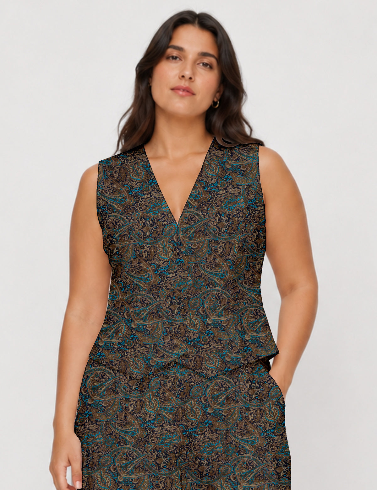 Women's fitted waistcoat with V-neck, single-breasted button closure, tailored silhouette, and pointed hem in sustainable fashion.