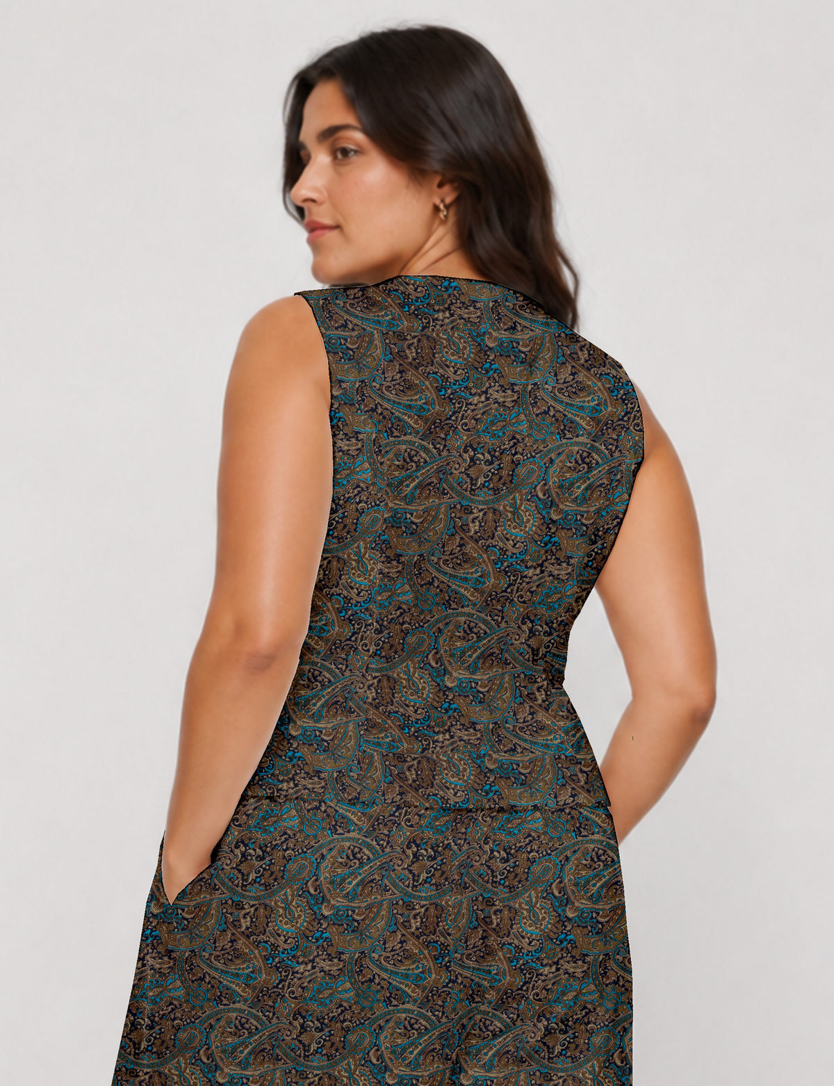 Women's fitted waistcoat with V-neck, single-breasted button closure, tailored silhouette, and pointed hem in sustainable fashion.