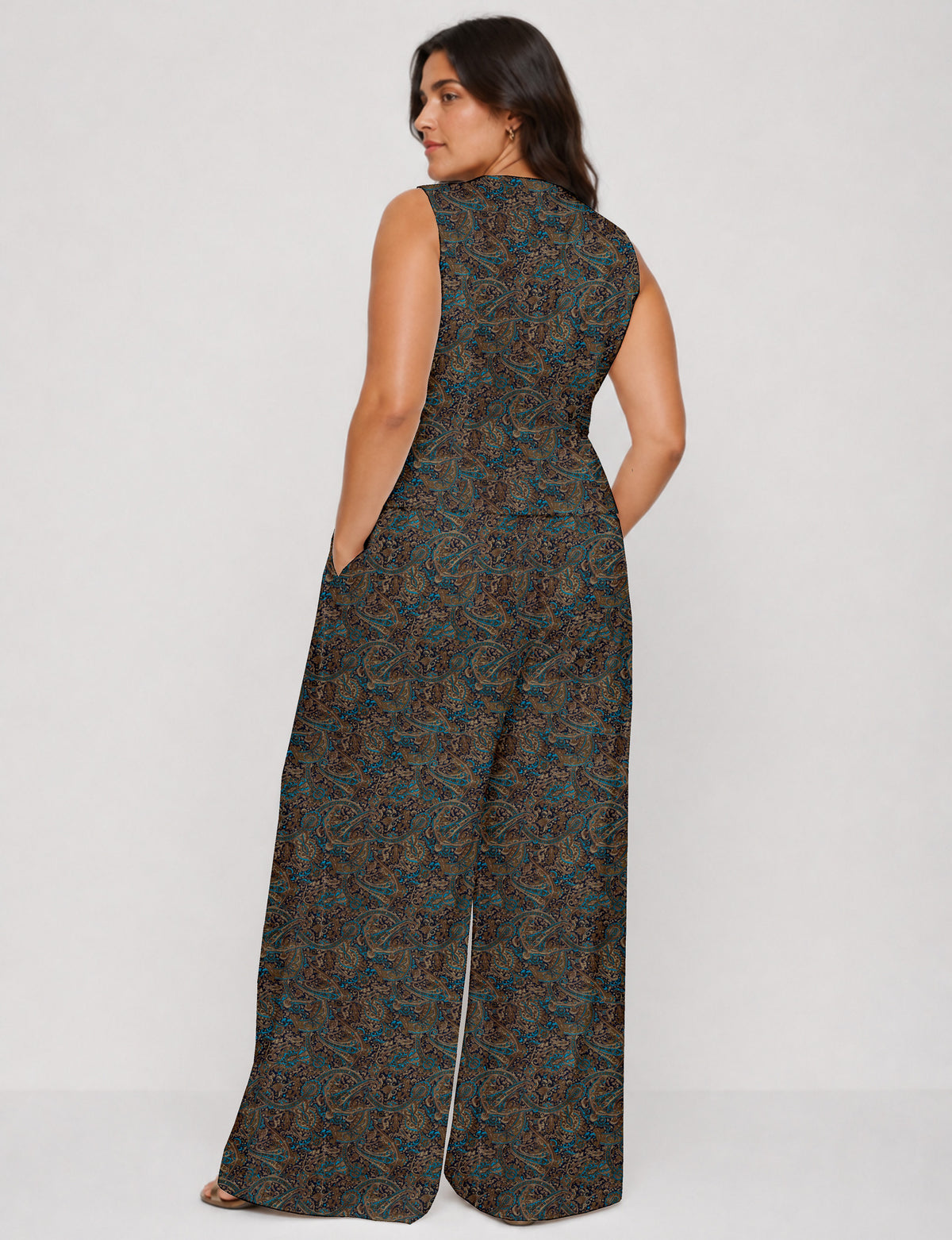 Women's tailored waistcoat set with a sleeveless V-neck button-front waistcoat and high-rise wide leg trousers in a coordinated matching outfit.