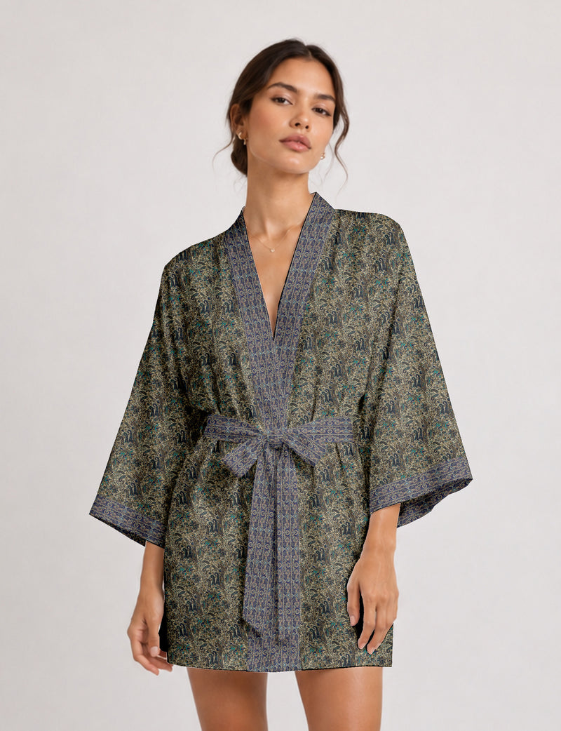 Short kimono robe - Blue Paisley