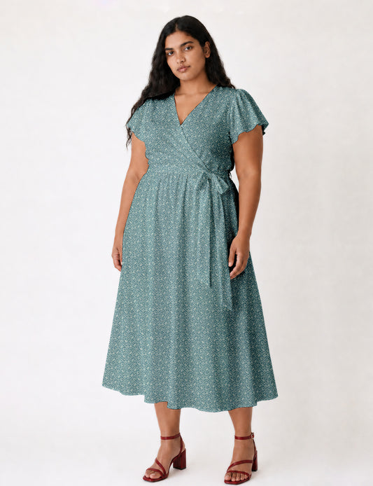Elegant midi wrap dress with a V-neckline, adjustable waist tie, fitted bodice, and flared skirt for a timeless, flattering silhouette.