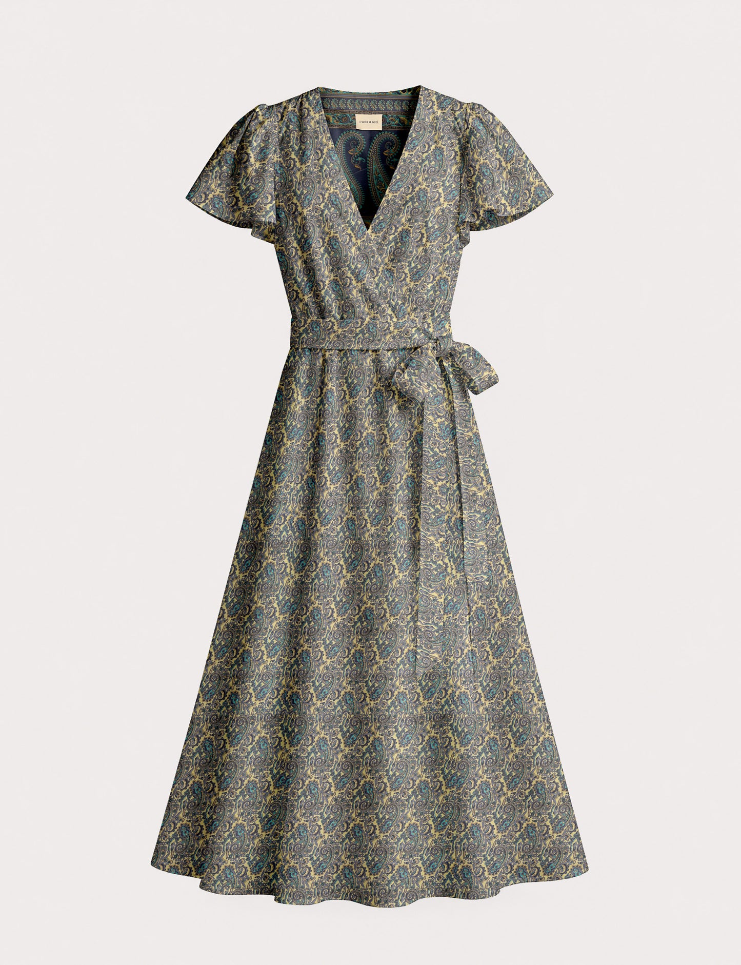 Elegant midi wrap dress with a V-neckline, adjustable waist tie, fitted bodice, and flared skirt for a timeless, flattering silhouette.