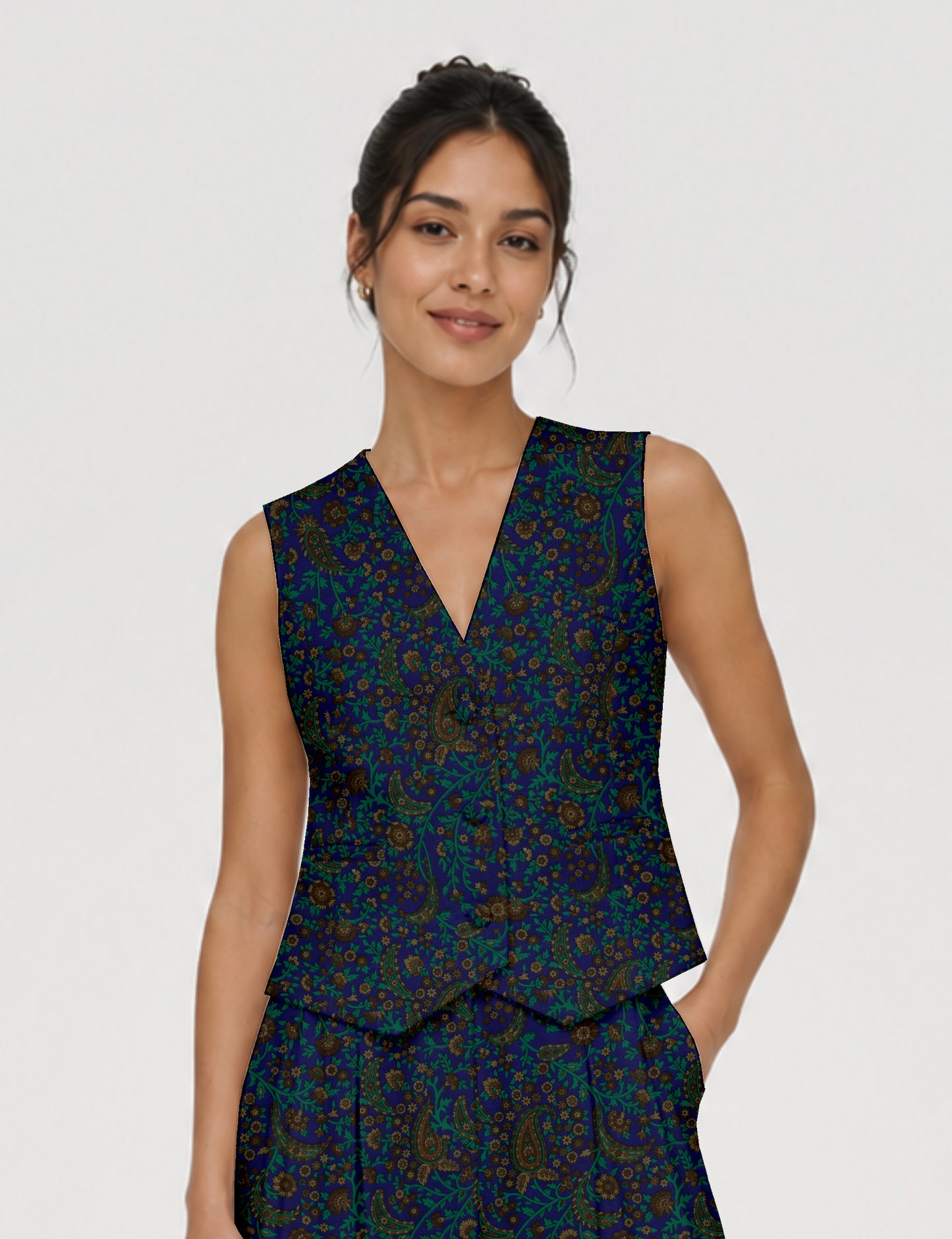 Women's fitted waistcoat with V-neck, single-breasted button closure, tailored silhouette, and pointed hem in sustainable fashion.