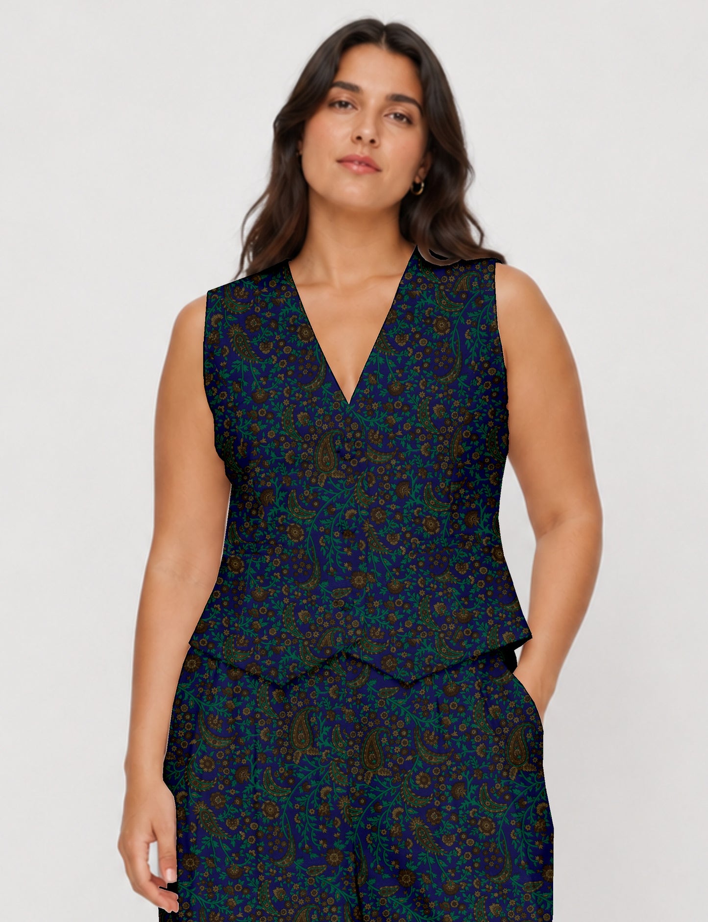 Women's fitted waistcoat with V-neck, single-breasted button closure, tailored silhouette, and pointed hem in sustainable fashion.