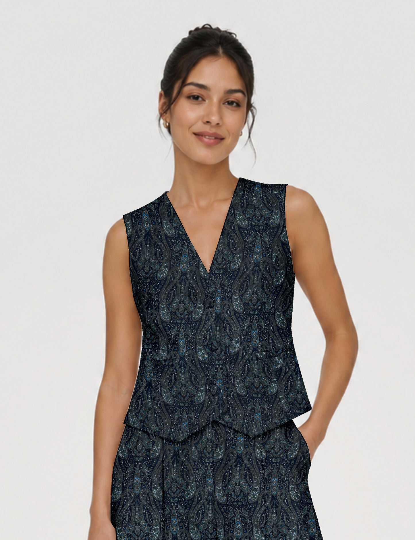 Women's fitted waistcoat with V-neck, single-breasted button closure, tailored silhouette, and pointed hem in sustainable fashion.